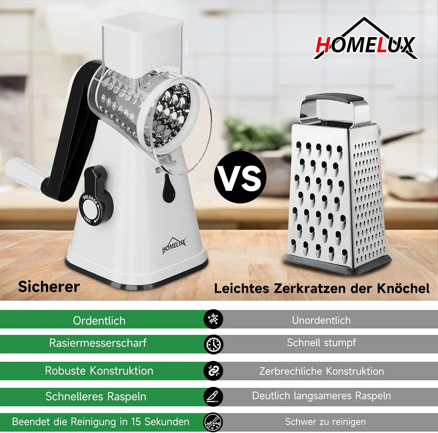 HOMELUX Drehscheibenreiber 3-fach Gemüse- und Käseschneider Handkurbel 3-teilige Trommel für Gemüse Universal-Reibe - Image 6