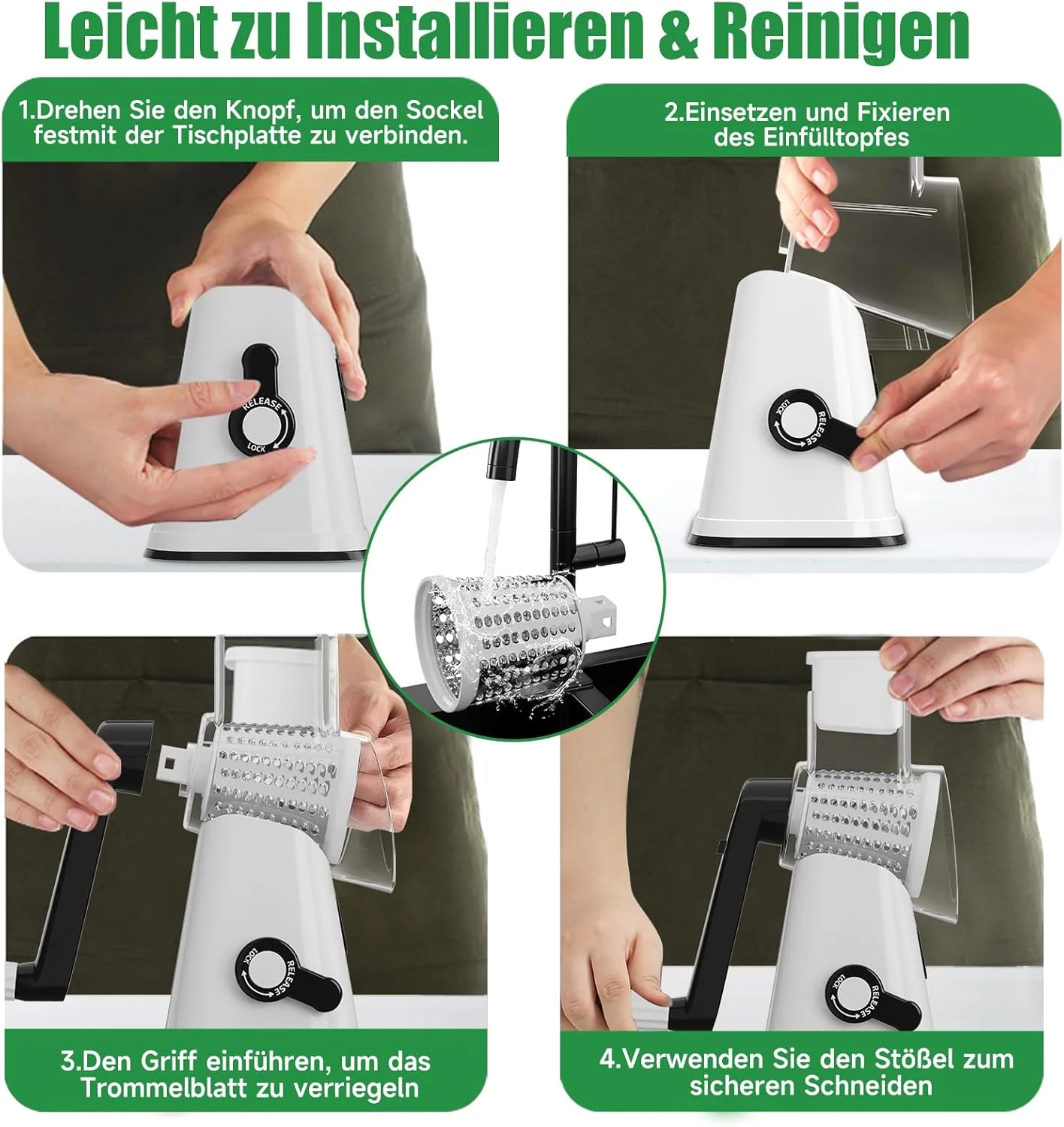 HOMELUX Drehscheibenreiber 3-fach Gemüse- und Käseschneider Handkurbel 3-teilige Trommel für Gemüse Universal-Reibe - Image 7