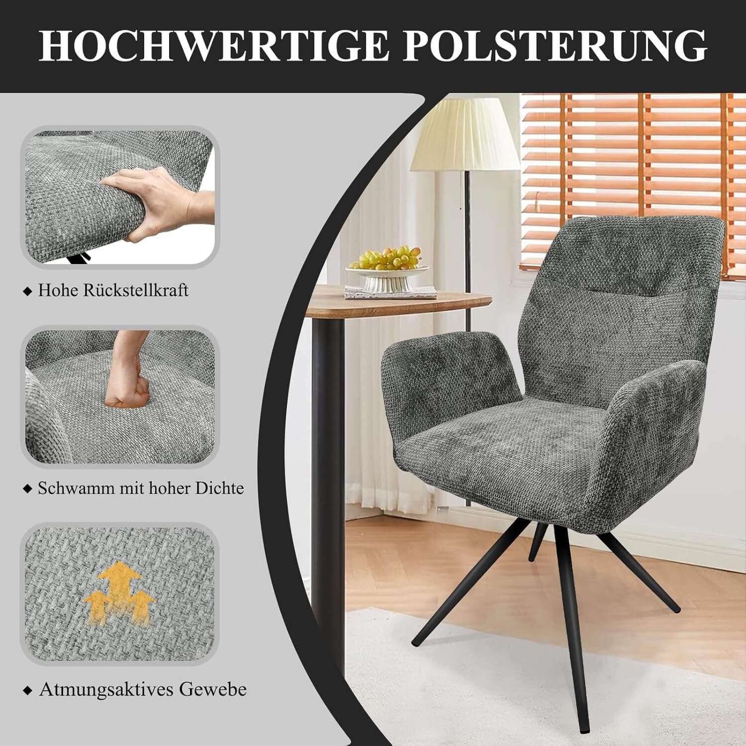 HOMELUX Drehstühle 2er-Set Polsterstühle mit Metallbeinen & Rückenlehne, bis 110 kg. Für Esszimmer/Küche - Image 14