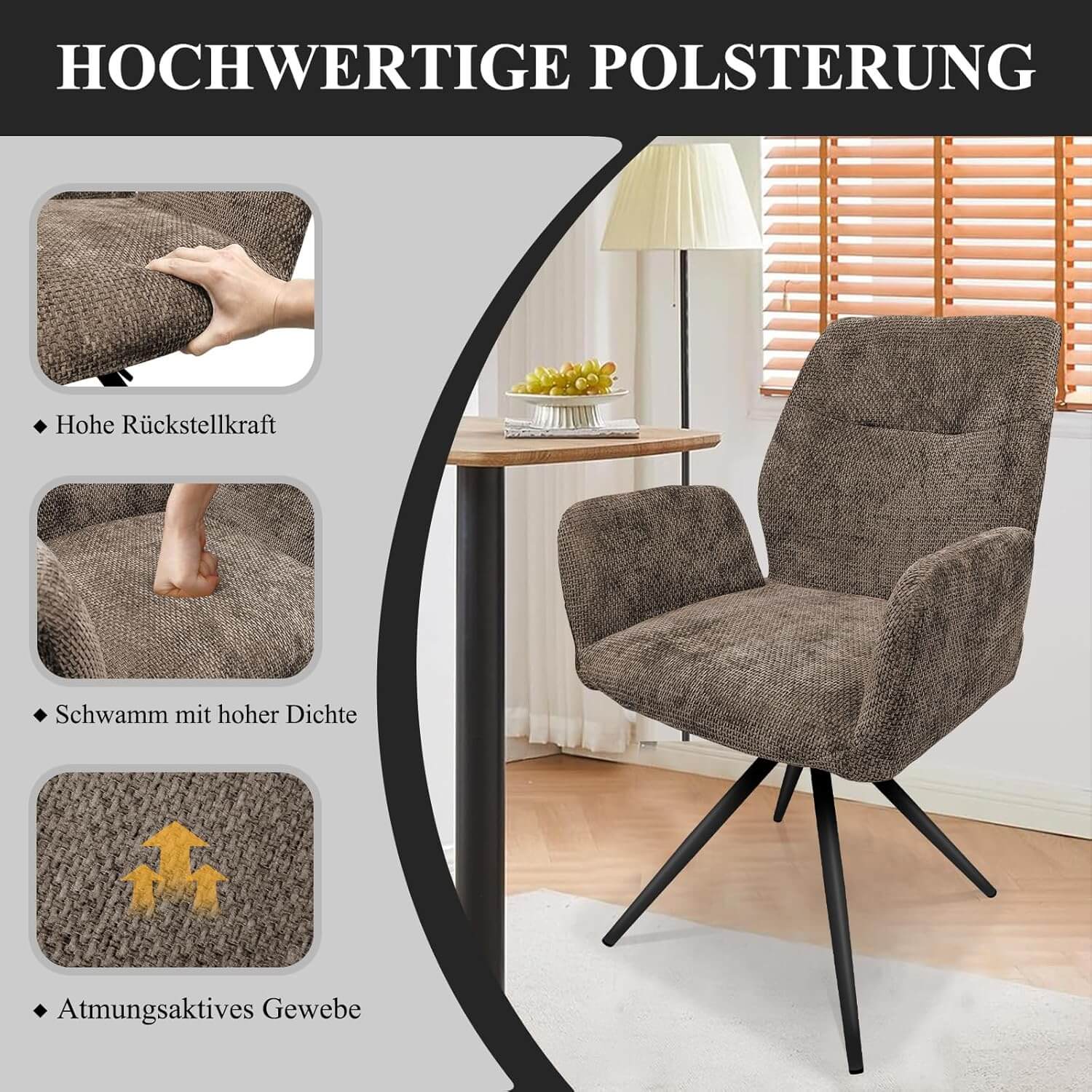 HOMELUX Drehstühle 2er-Set Polsterstühle mit Metallbeinen & Rückenlehne, bis 110 kg. Für Esszimmer/Küche - Image 4