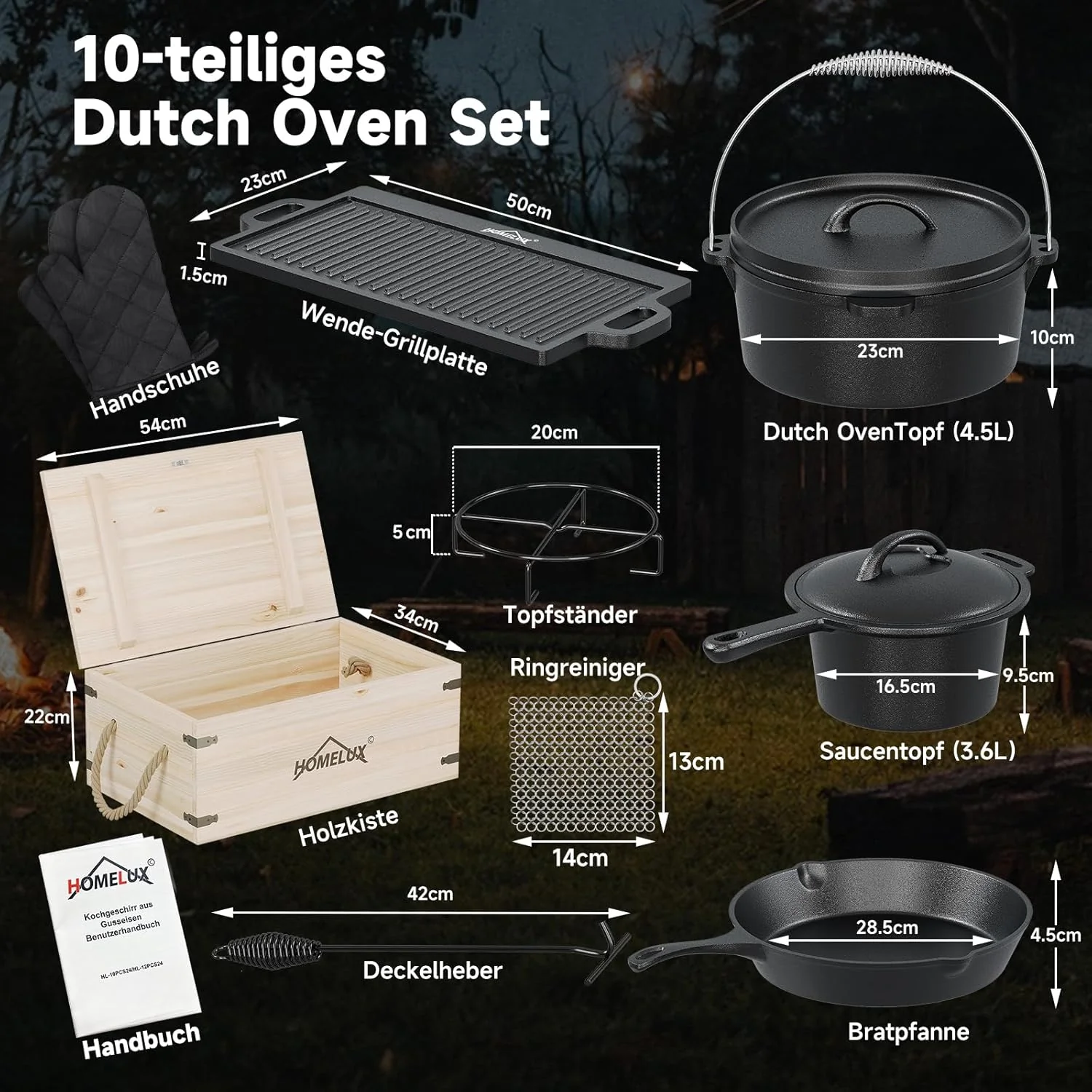 HOMELUX Dutch Oven Set aus Gusseisen, 10-teilig in Holzkiste – 4,5L Topf, 3,6L Saucier inkl. Pfanne, Grillplatte & Zubehör - Image 2