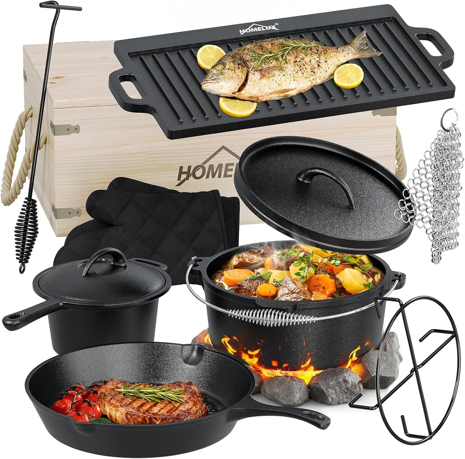 HOMELUX Dutch Oven Set aus Gusseisen, 10-teilig in Holzkiste – 4,5L Topf, 3,6L Saucier inkl. Pfanne, Grillplatte & Zubehör - Image 3