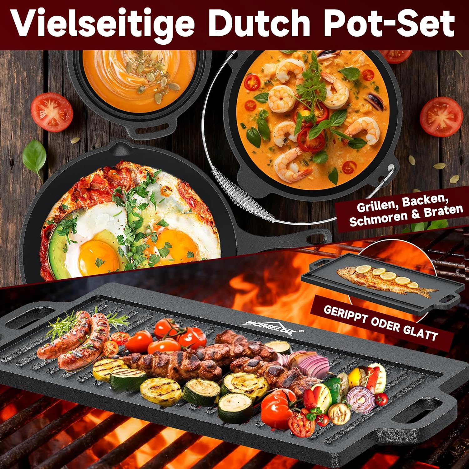 HOMELUX Dutch Oven Set aus Gusseisen, 10-teilig in Holzkiste – 4,5L Topf, 3,6L Saucier inkl. Pfanne, Grillplatte & Zubehör - Image 4