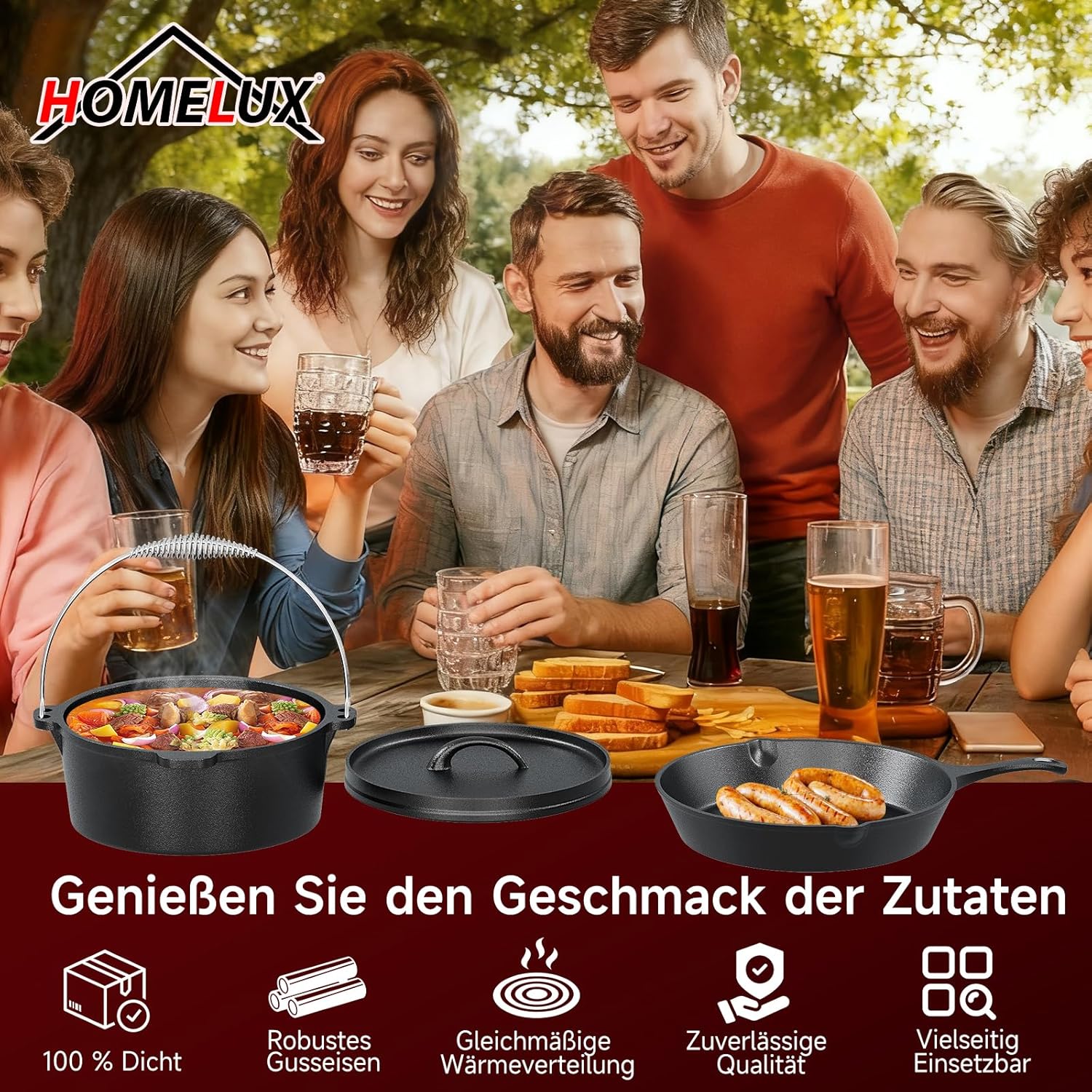 HOMELUX Dutch Oven Set aus Gusseisen, 10-teilig in Holzkiste – 4,5L Topf, 3,6L Saucier inkl. Pfanne, Grillplatte & Zubehör - Image 5