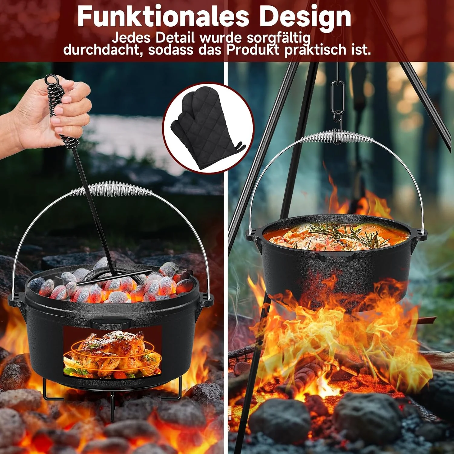 HOMELUX Dutch Oven Set aus Gusseisen, 10-teilig in Holzkiste – 4,5L Topf, 3,6L Saucier inkl. Pfanne, Grillplatte & Zubehör - Image 7