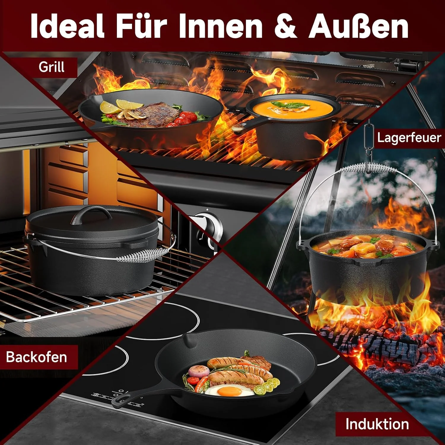 HOMELUX Dutch Oven Set aus Gusseisen, 10-teilig in Holzkiste – 4,5L Topf, 3,6L Saucier inkl. Pfanne, Grillplatte & Zubehör - Image 8