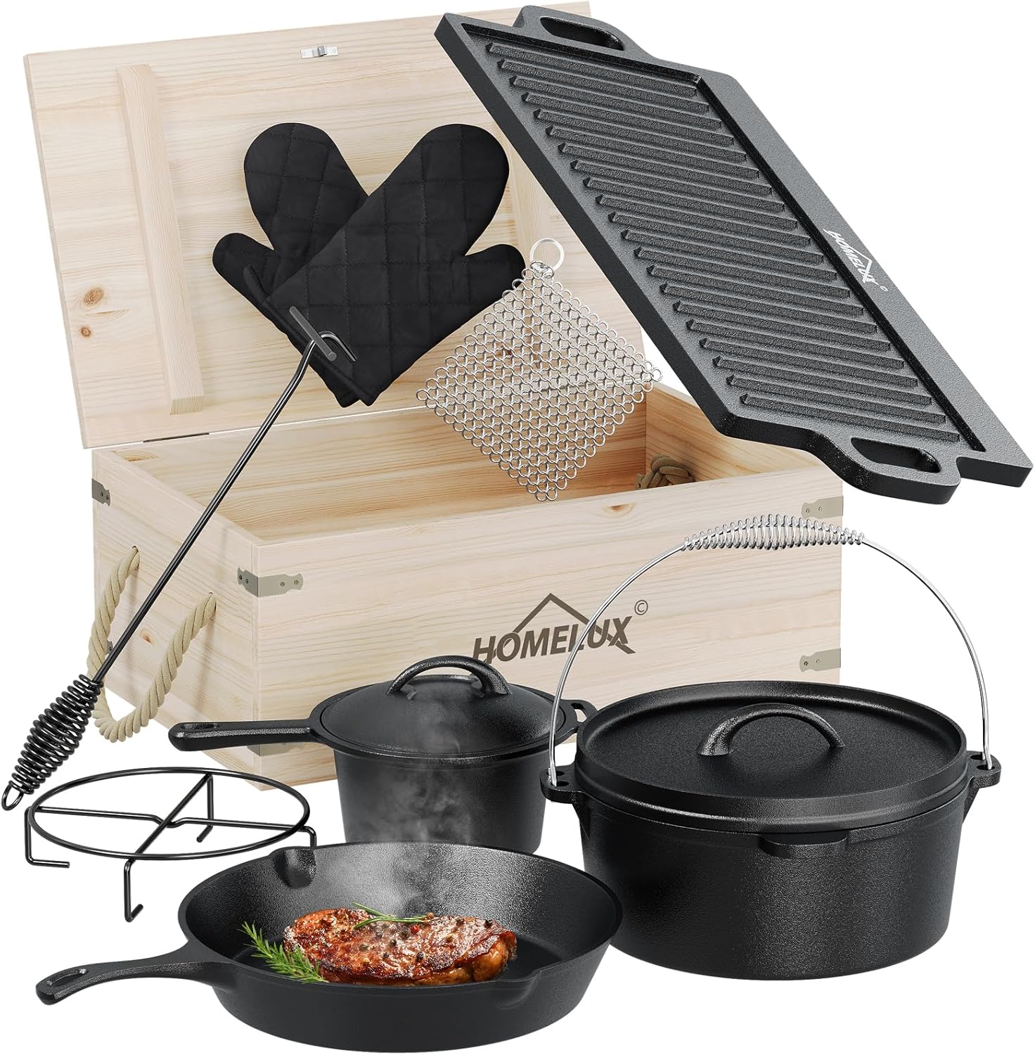 HOMELUX Dutch Oven Set aus Gusseisen, 10-teilig in Holzkiste – 4,5L Topf, 3,6L Saucier inkl. Pfanne, Grillplatte & Zubehör - Image 9