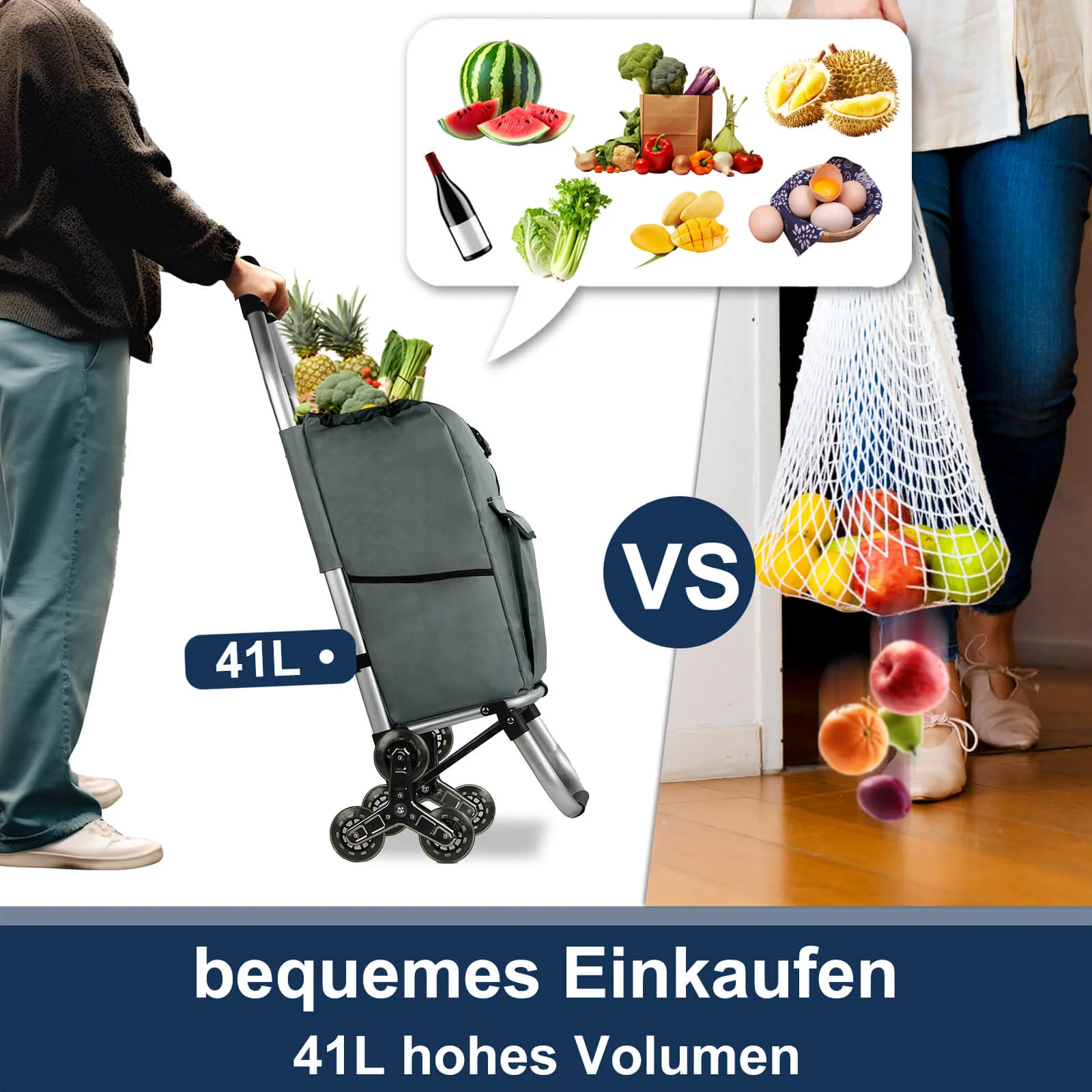 HOMELUX Einkaufstrolley, klappbar, stabil, 41 L Kapazität, multifunktional, Handwagen mit Rollen, abnehmbare Tasche, dreieckige Räder - Image 10