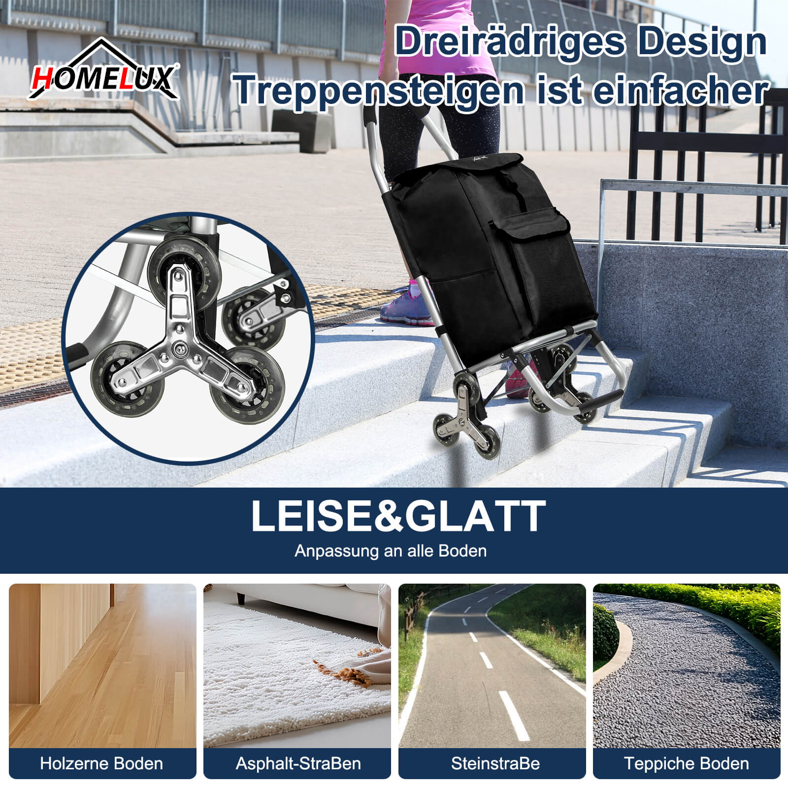 HOMELUX Einkaufstrolley, klappbar, stabil, 41 L Kapazität, multifunktional, Handwagen mit Rollen, abnehmbare Tasche, dreieckige Räder - Image 5