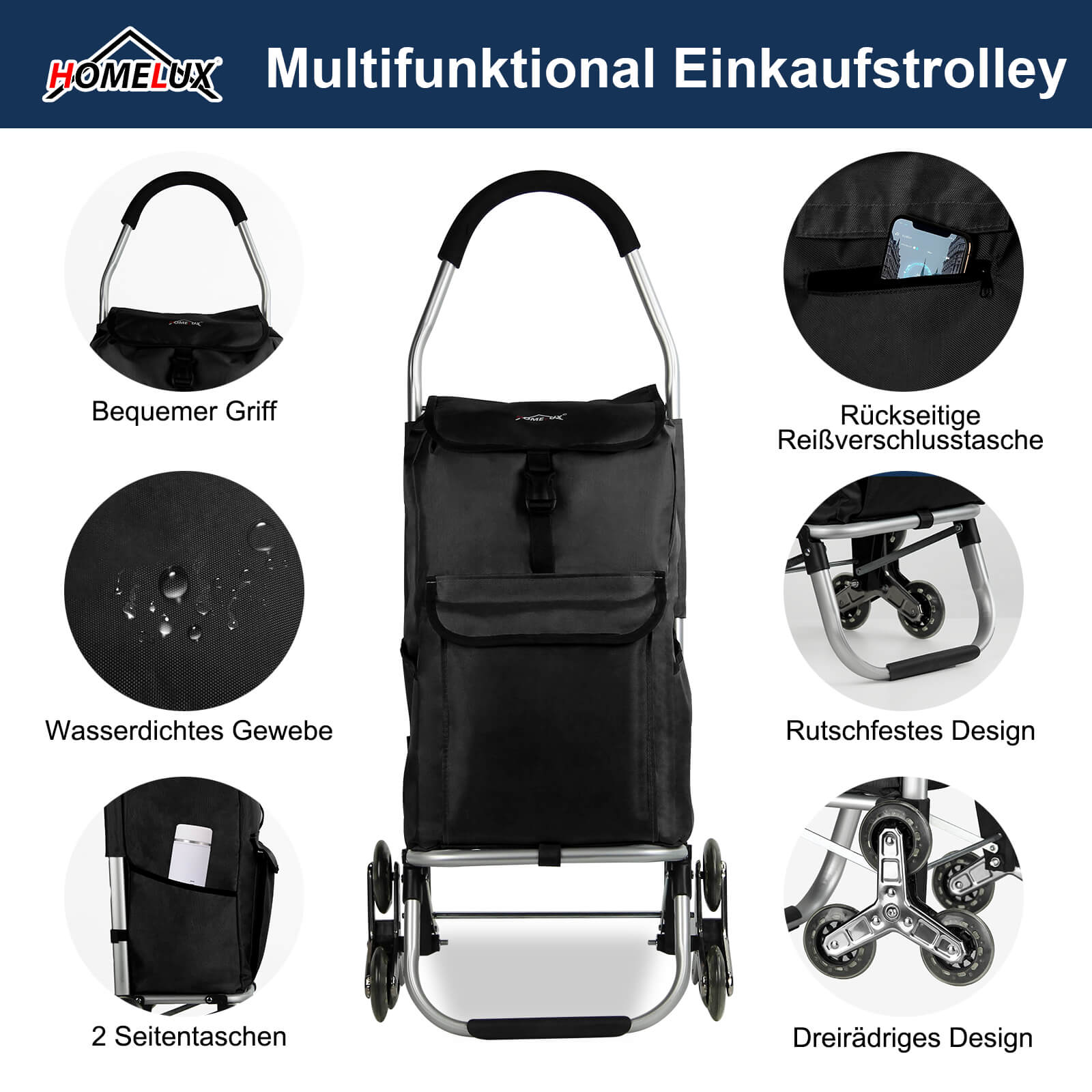 HOMELUX Einkaufstrolley, klappbar, stabil, 41 L Kapazität, multifunktional, Handwagen mit Rollen, abnehmbare Tasche, dreieckige Räder - Image 6