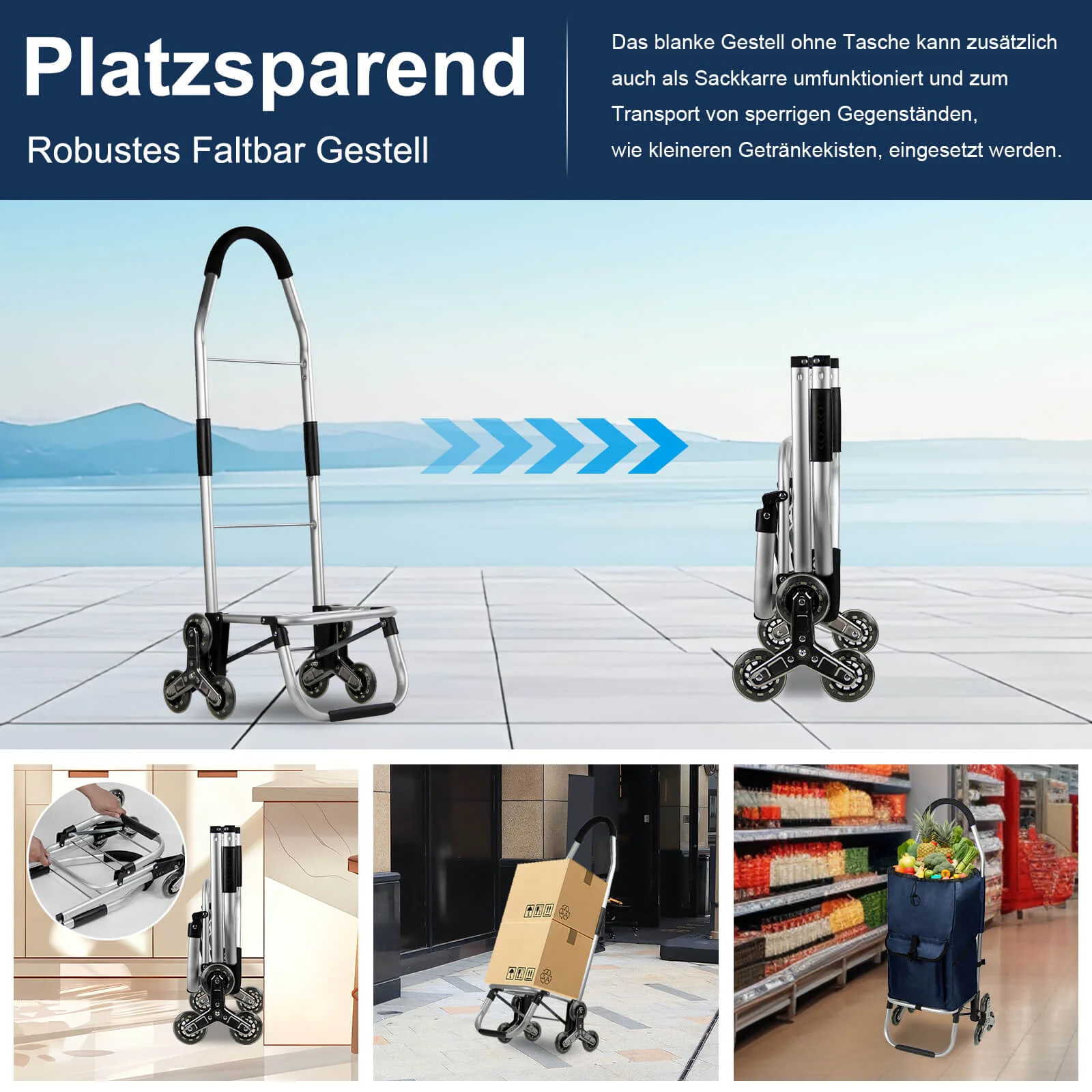 HOMELUX Einkaufstrolley, klappbar, stabil, 41 L Kapazität, multifunktional, Handwagen mit Rollen, abnehmbare Tasche, dreieckige Räder - Image 7