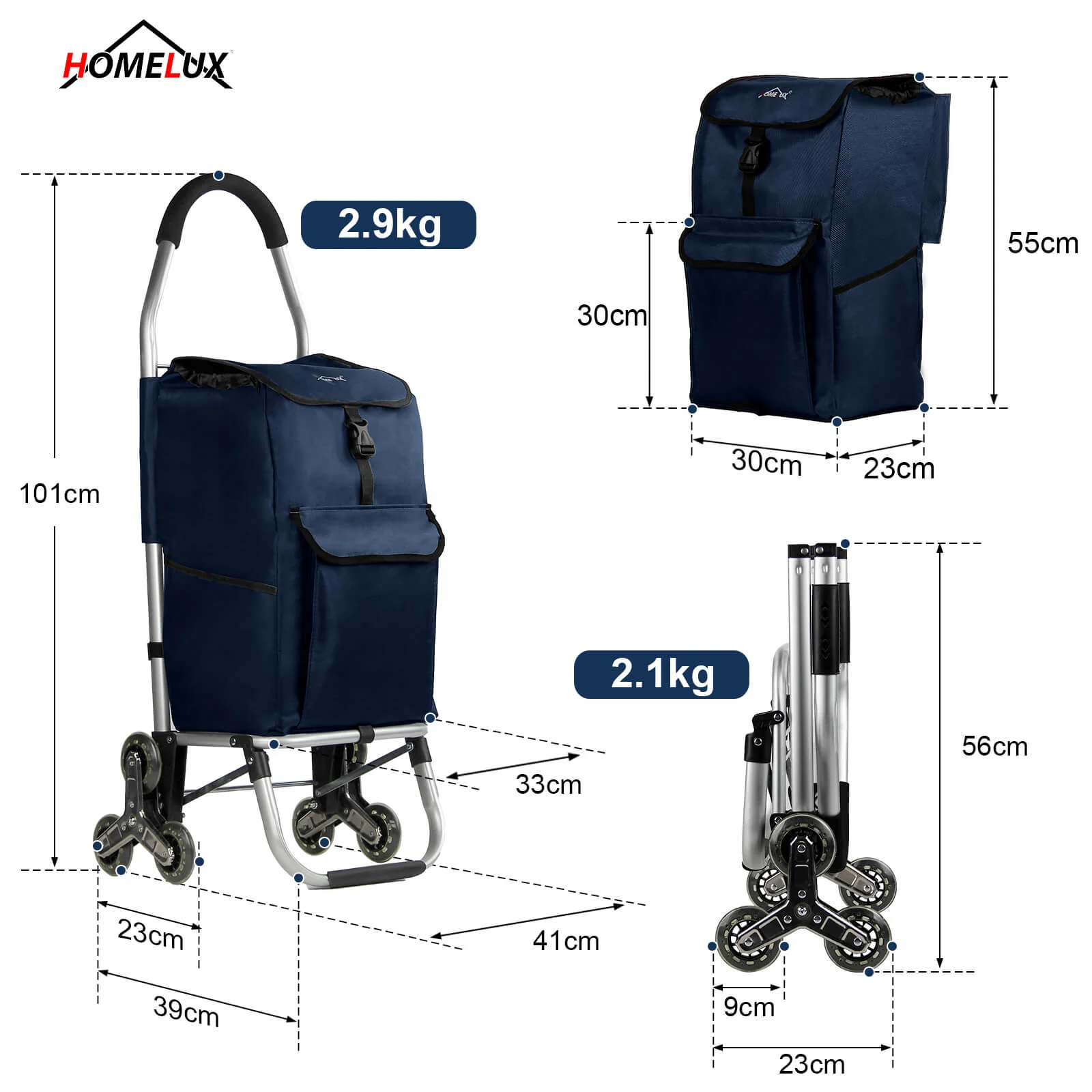 HOMELUX Einkaufstrolley, klappbar, stabil, 41 L Kapazität, multifunktional, Handwagen mit Rollen, abnehmbare Tasche, dreieckige Räder - Image 8