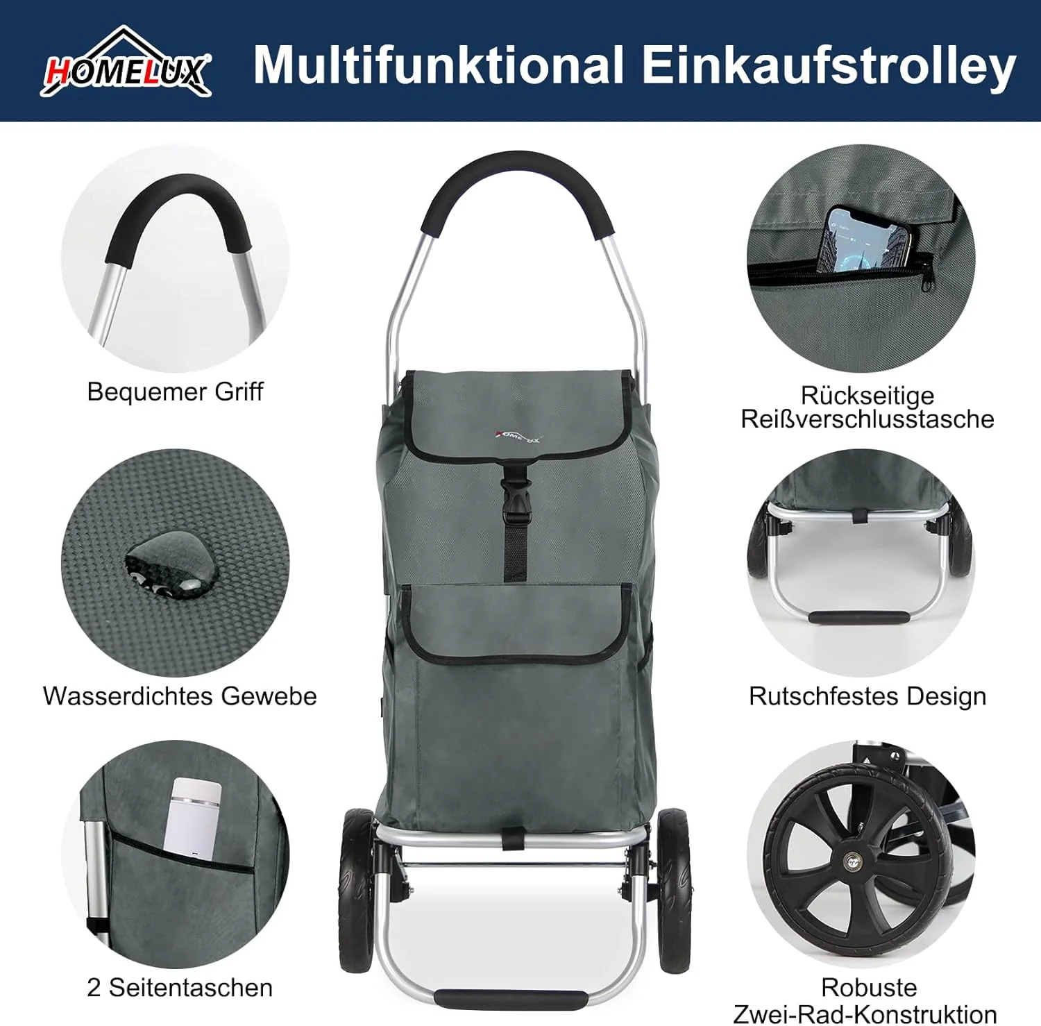 HOMELUX Einkaufstrolley Stabiler, klappbarer mit 41 L Kapazität, multifunktionalem Handwagen, Rollen und abnehmbarer Tasche - Image 7