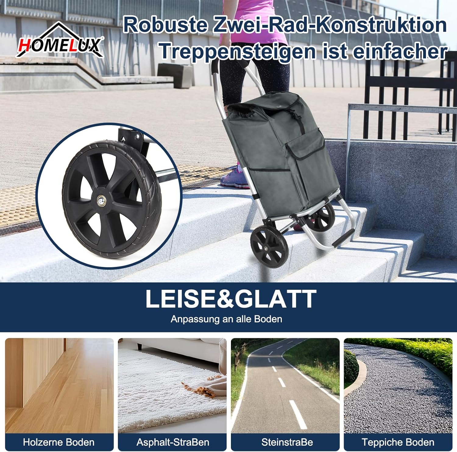 HOMELUX Einkaufstrolley Stabiler, klappbarer mit 41 L Kapazität, multifunktionalem Handwagen, Rollen und abnehmbarer Tasche - Image 8