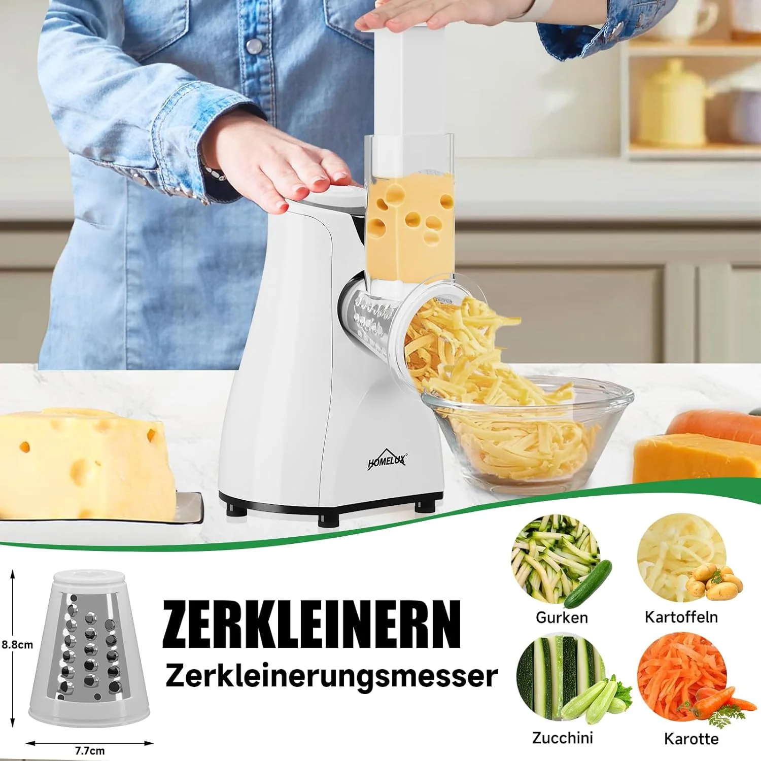 HOMELUX Elektr Gemüseschneider 5-fach Reibe Käse- & Gemüsehobel 5 Trommelklingen - Image 10