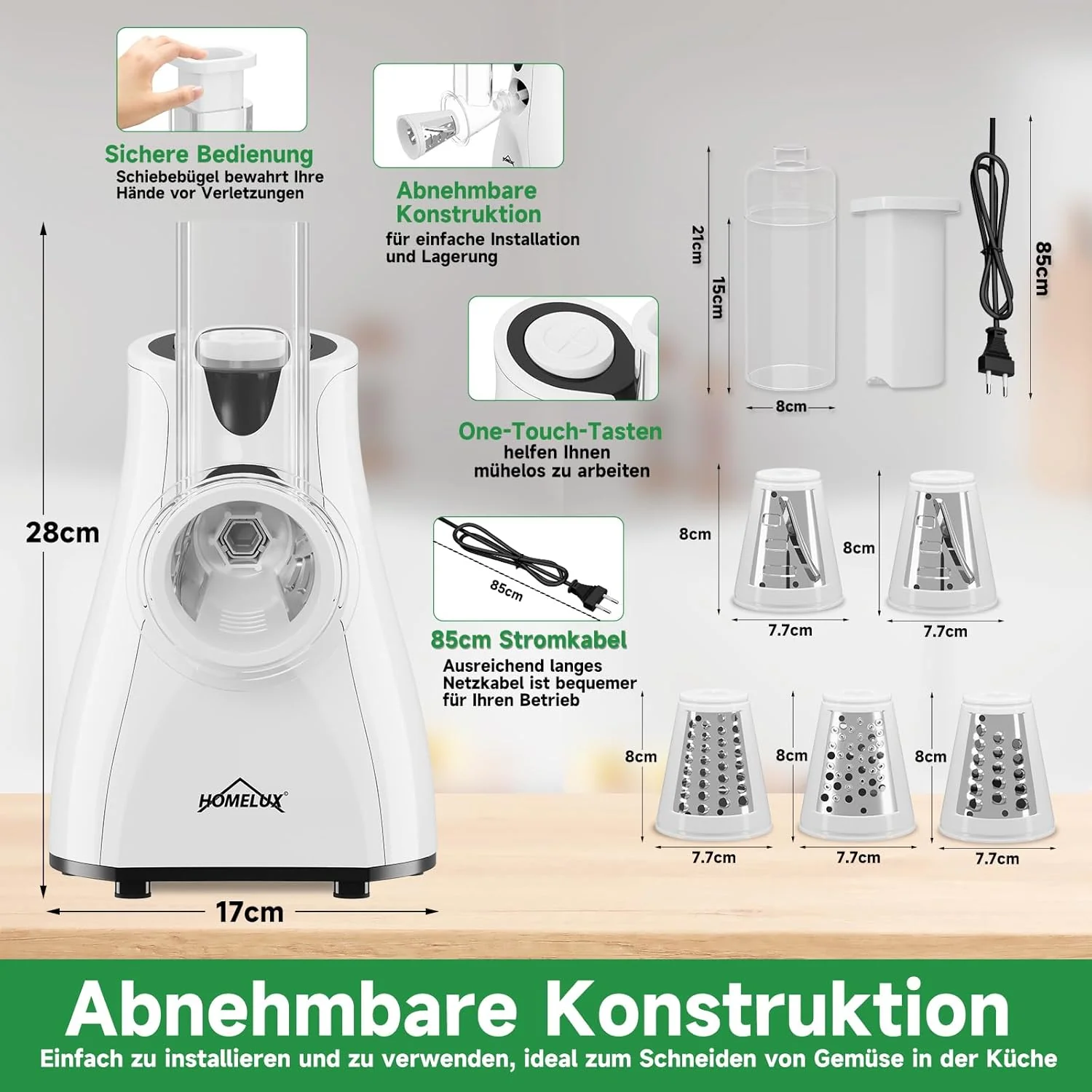 HOMELUX Elektr Gemüseschneider 5-fach Reibe Käse- & Gemüsehobel 5 Trommelklingen - Image 12