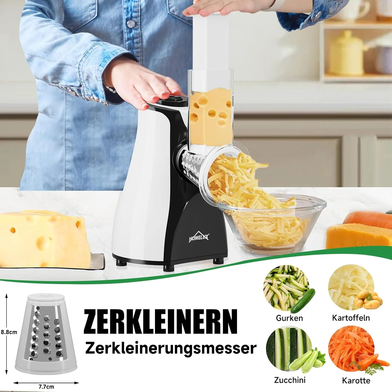 HOMELUX Elektr Gemüseschneider 5-fach Reibe Käse- & Gemüsehobel 5 Trommelklingen - Image 3