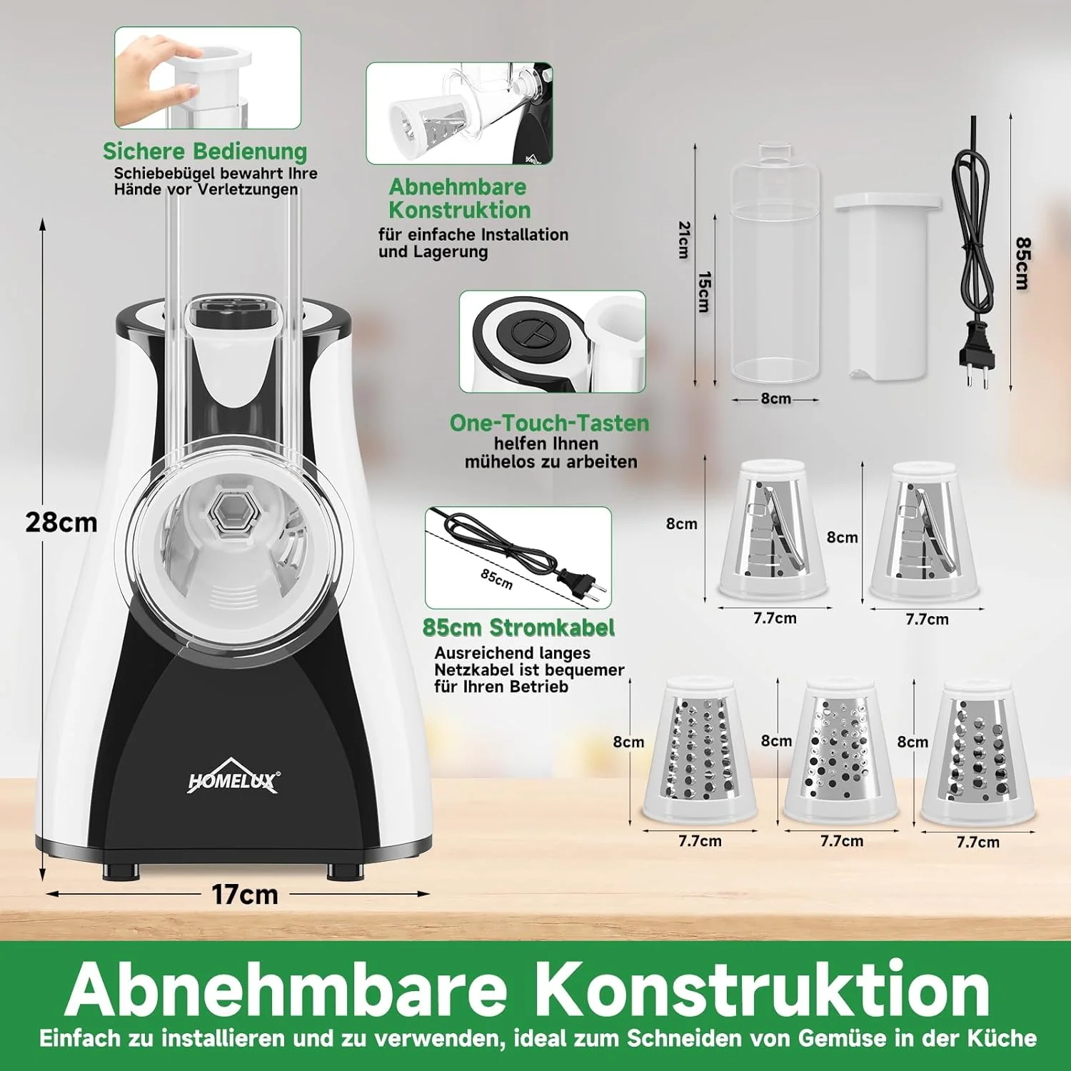 HOMELUX Elektr Gemüseschneider 5-fach Reibe Käse- & Gemüsehobel 5 Trommelklingen - Image 5