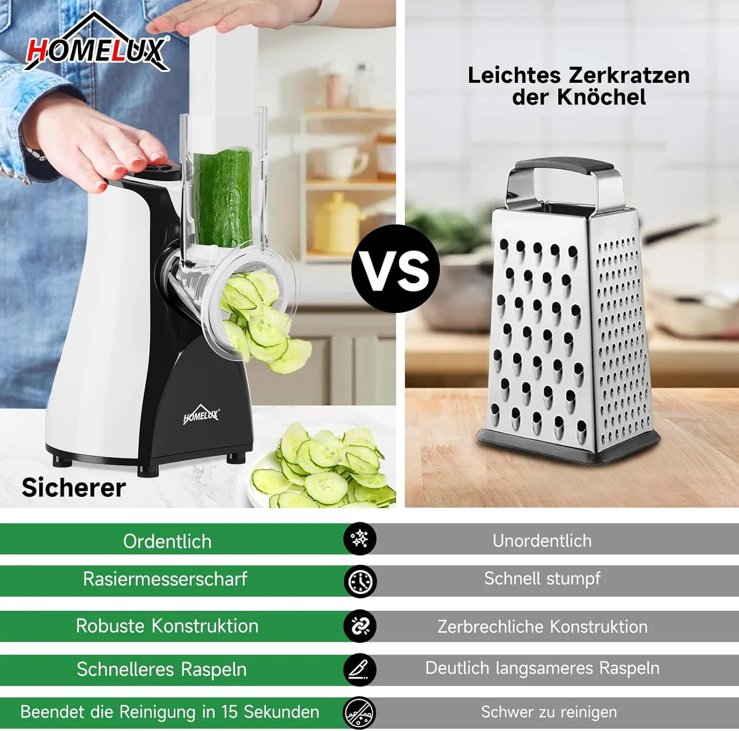 HOMELUX Elektr Gemüseschneider 5-fach Reibe Käse- & Gemüsehobel 5 Trommelklingen - Image 6