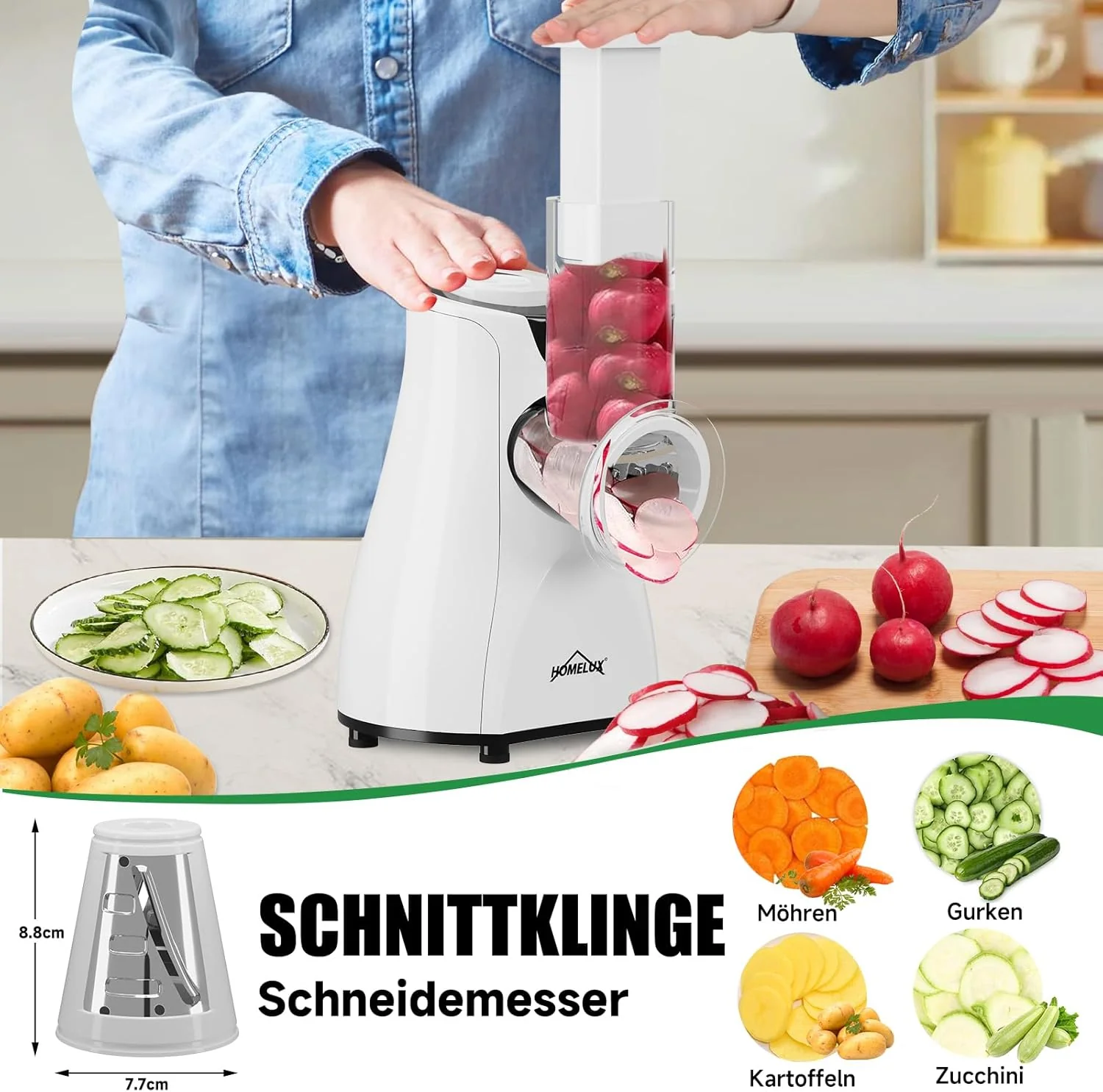 HOMELUX Elektr Gemüseschneider 5-fach Reibe Käse- & Gemüsehobel 5 Trommelklingen - Image 9