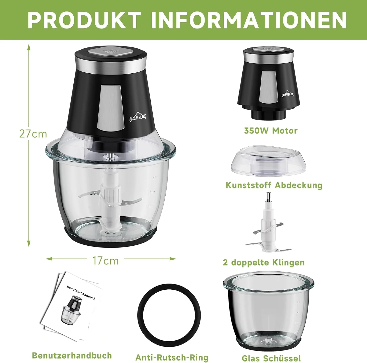 HOMELUX Elektrischer Küchenhäcksler, 300 W Universalhäcksler mit 1.5 L Glasbehälter, Fleischwolf, Multihäcksler, für Fleisch, Gemüse, Obst - Image 10