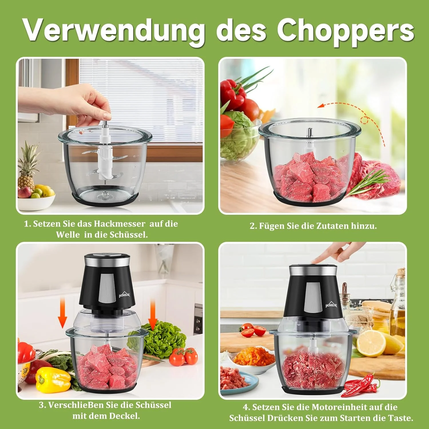 HOMELUX Elektrischer Küchenhäcksler, 300 W Universalhäcksler mit 1.5 L Glasbehälter, Fleischwolf, Multihäcksler, für Fleisch, Gemüse, Obst - Image 11