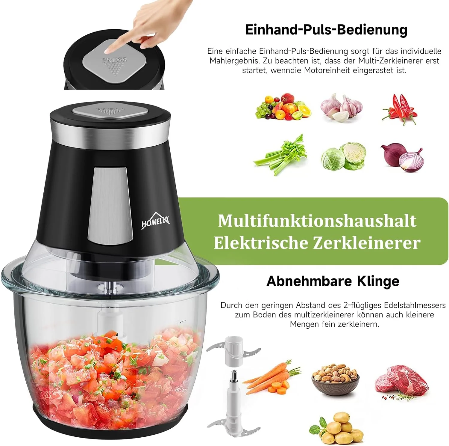 HOMELUX Elektrischer Küchenhäcksler, 300 W Universalhäcksler mit 1.5 L Glasbehälter, Fleischwolf, Multihäcksler, für Fleisch, Gemüse, Obst - Image 12