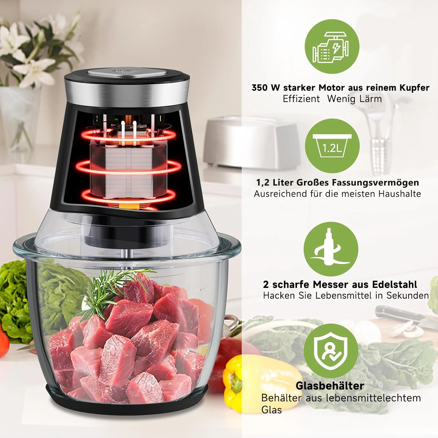 HOMELUX Elektrischer Küchenhäcksler, 300 W Universalhäcksler mit 1.5 L Glasbehälter, Fleischwolf, Multihäcksler, für Fleisch, Gemüse, Obst - Image 14