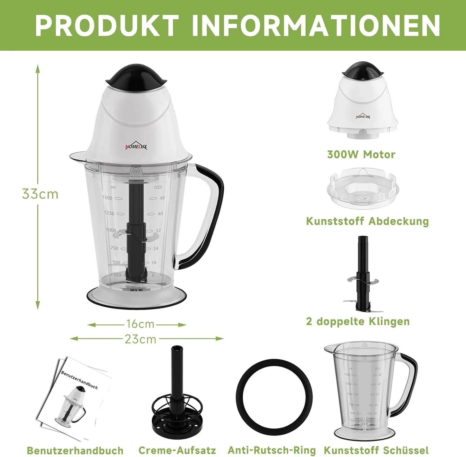 HOMELUX Elektrischer Küchenhäcksler, 300 W Universalhäcksler mit 1.5 L Glasbehälter, Fleischwolf, Multihäcksler, für Fleisch, Gemüse, Obst - Image 3