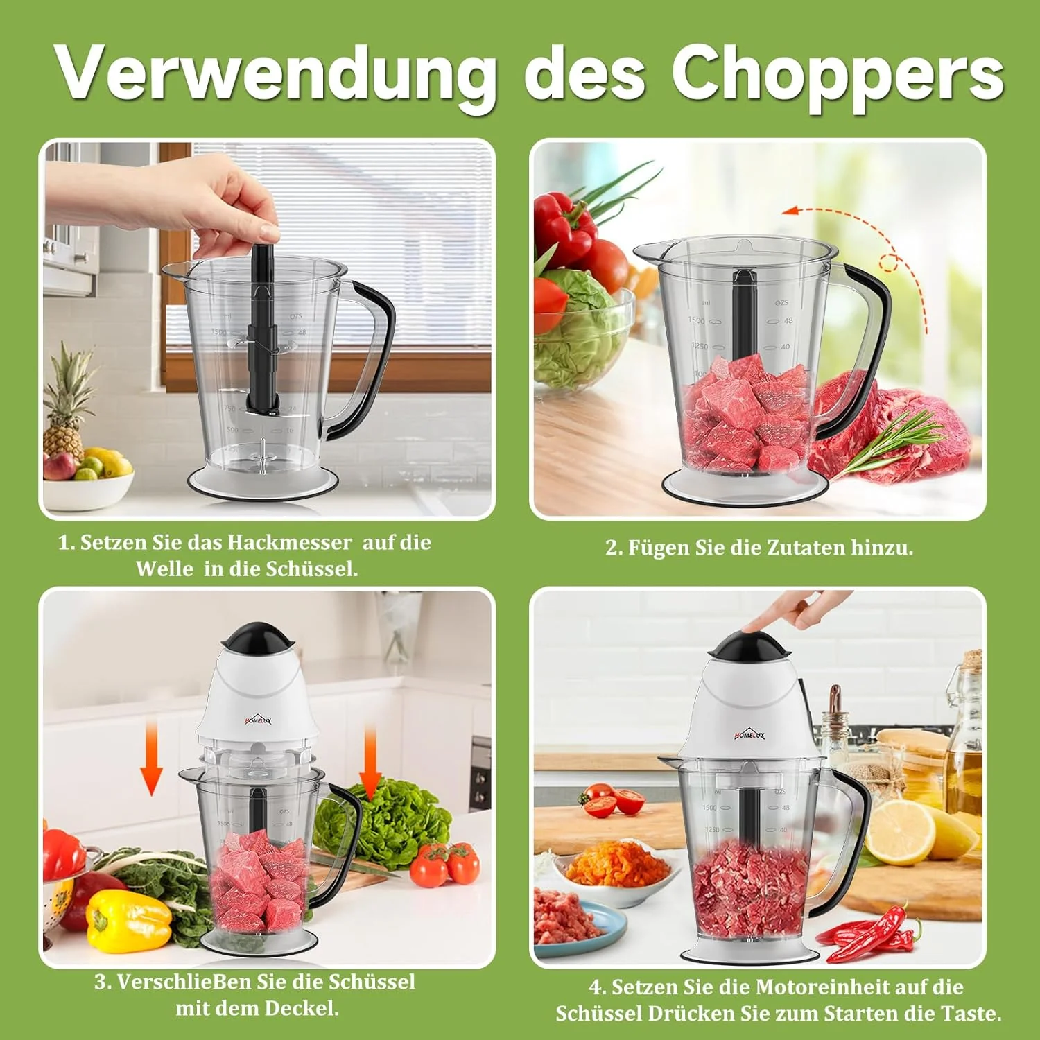 HOMELUX Elektrischer Küchenhäcksler, 300 W Universalhäcksler mit 1.5 L Glasbehälter, Fleischwolf, Multihäcksler, für Fleisch, Gemüse, Obst - Image 4