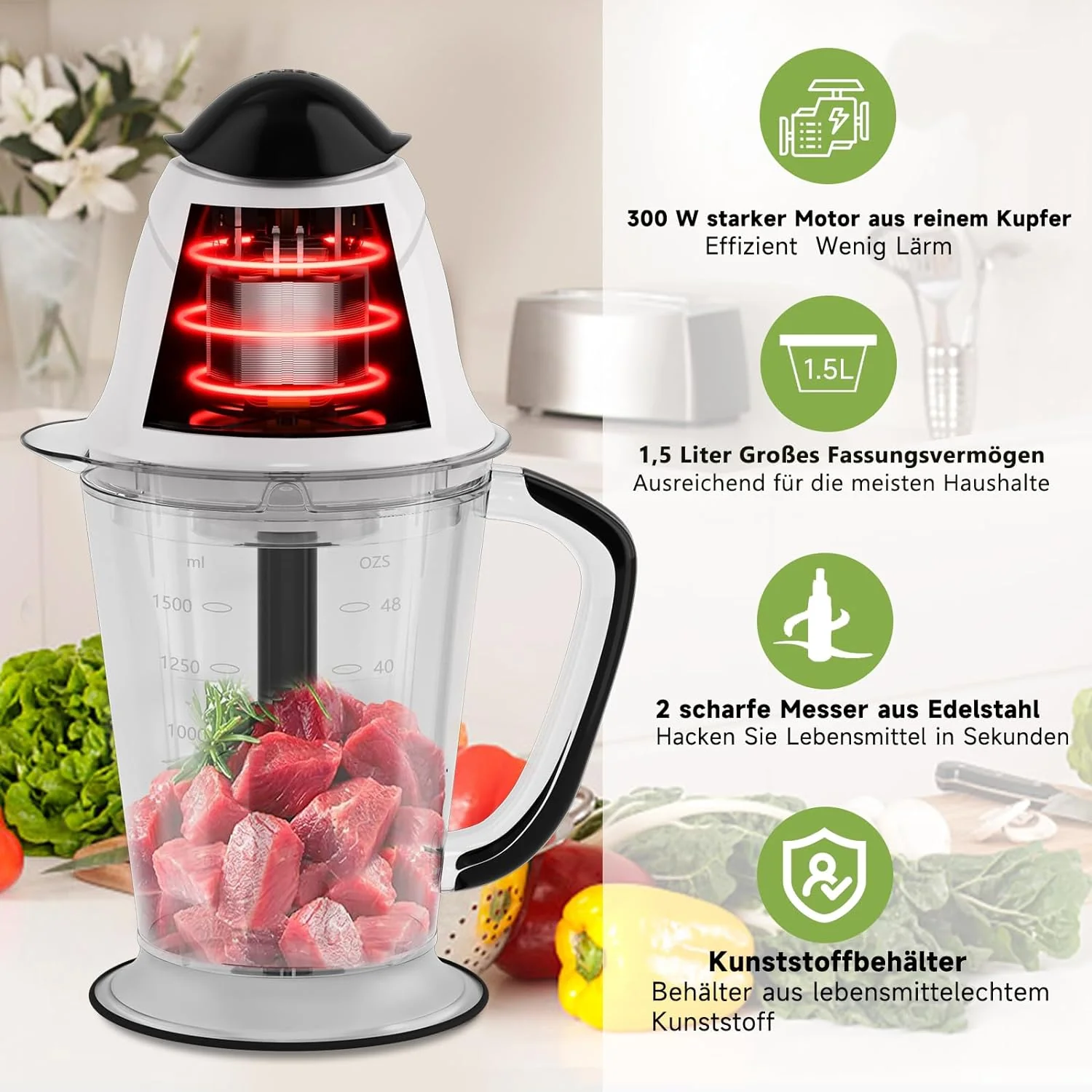 HOMELUX Elektrischer Küchenhäcksler, 300 W Universalhäcksler mit 1.5 L Glasbehälter, Fleischwolf, Multihäcksler, für Fleisch, Gemüse, Obst - Image 5