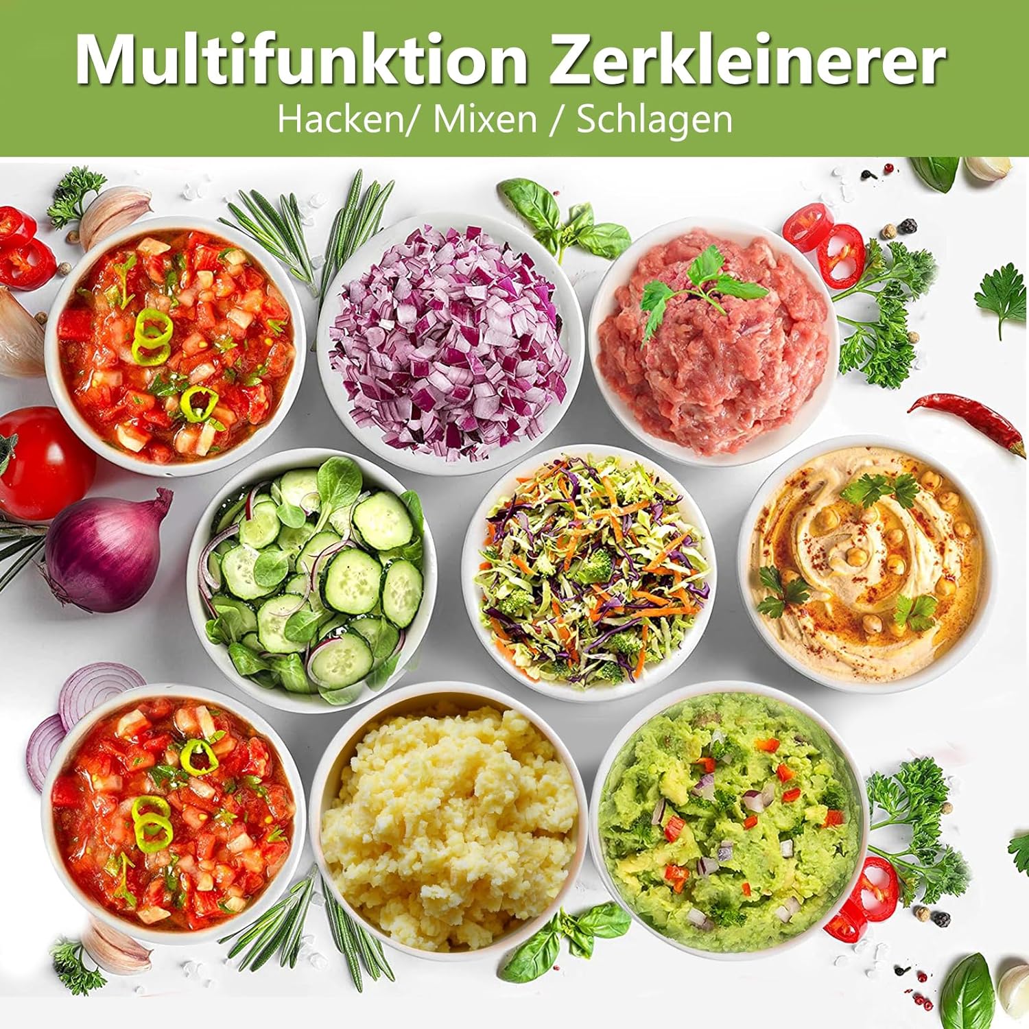 HOMELUX Elektrischer Küchenhäcksler, 300 W Universalhäcksler mit 1.5 L Glasbehälter, Fleischwolf, Multihäcksler, für Fleisch, Gemüse, Obst - Image 7