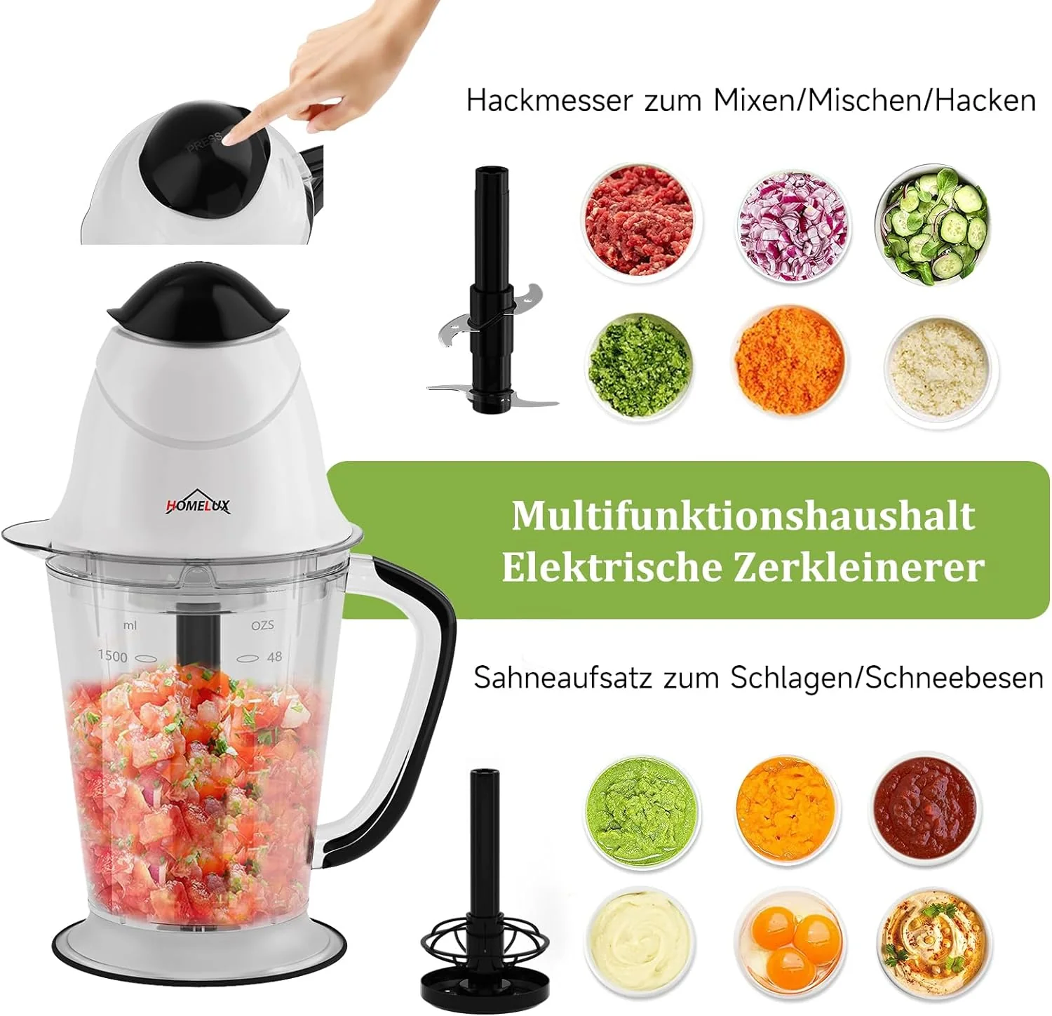 HOMELUX Elektrischer Küchenhäcksler, 300 W Universalhäcksler mit 1.5 L Glasbehälter, Fleischwolf, Multihäcksler, für Fleisch, Gemüse, Obst - Image 8