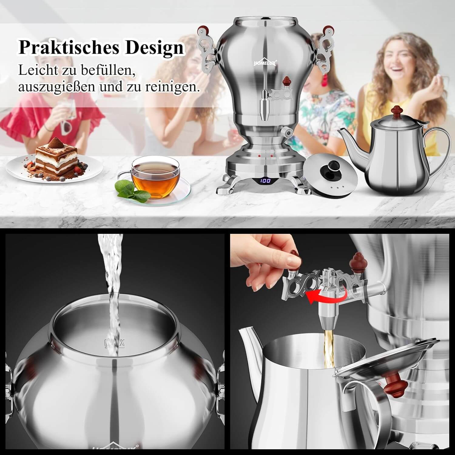 5L +1.6L / 2.5L +1.2L Elektrischer Samoware Edelstahl Teekocher mit 1850W, Warmhaltefunktion & Ablasshahn - Image 10