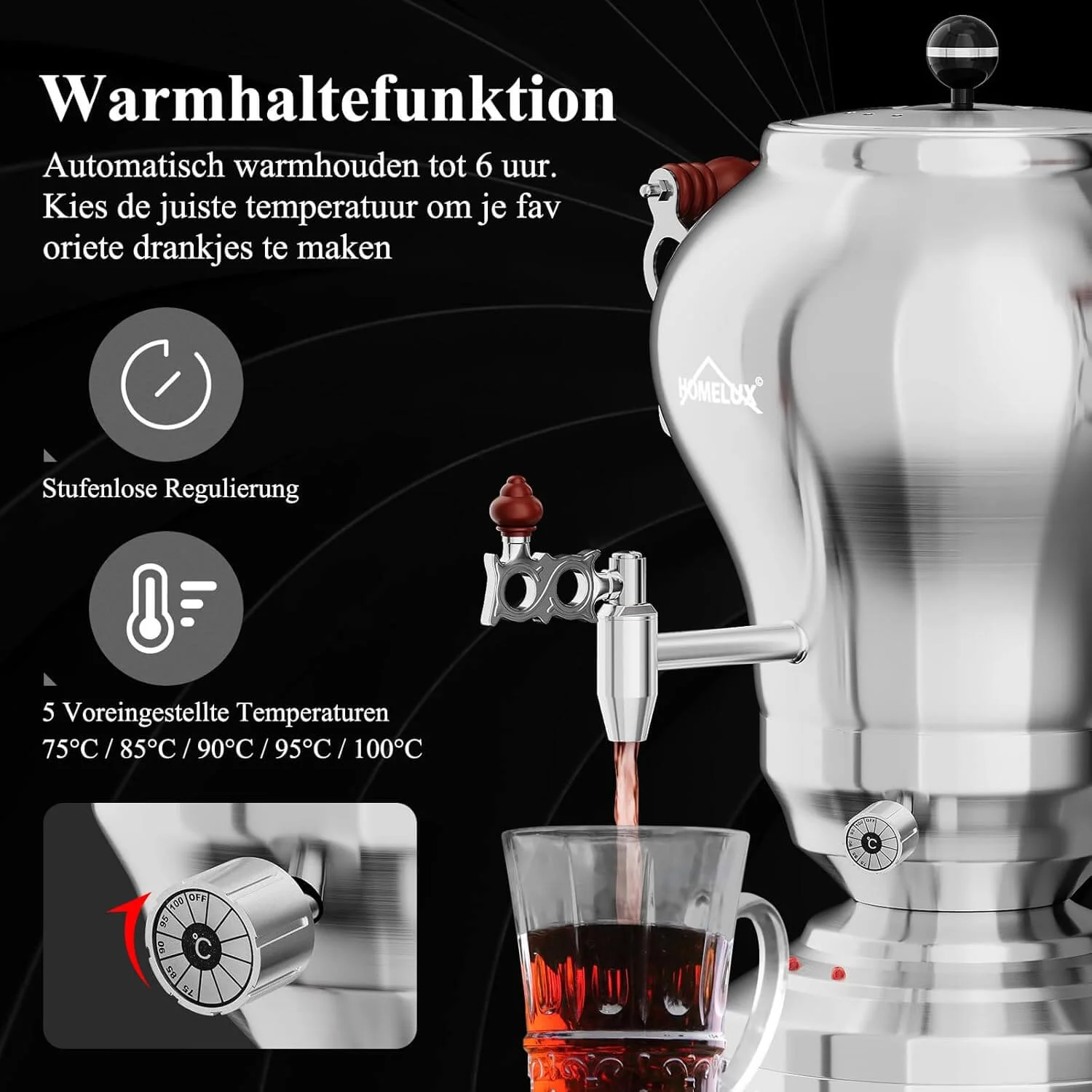 5L +1.6L / 2.5L +1.2L Elektrischer Samoware Edelstahl Teekocher mit 1850W, Warmhaltefunktion & Ablasshahn - Image 11