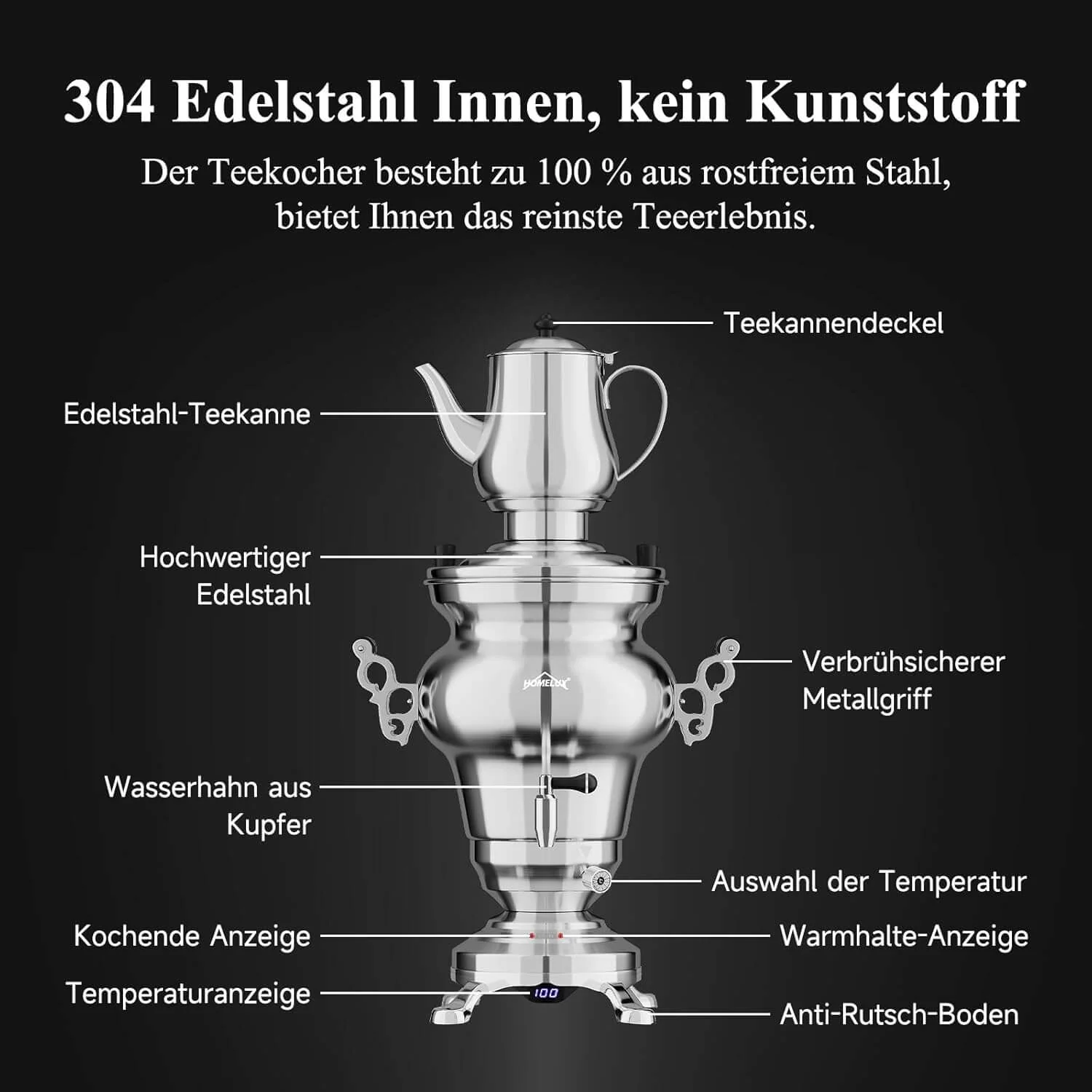 5L +1.6L / 2.5L +1.2L Elektrischer Samoware Edelstahl Teekocher mit 1850W, Warmhaltefunktion & Ablasshahn - Image 12