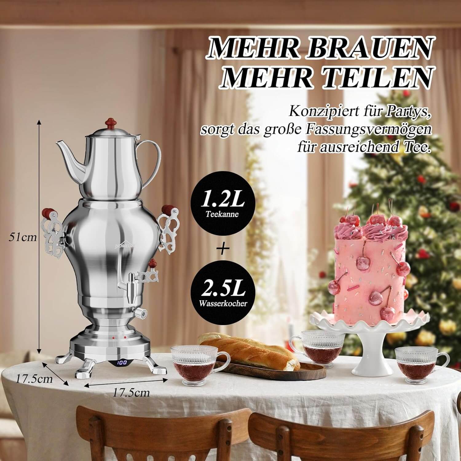 5L +1.6L / 2.5L +1.2L Elektrischer Samoware Edelstahl Teekocher mit 1850W, Warmhaltefunktion & Ablasshahn - Image 13