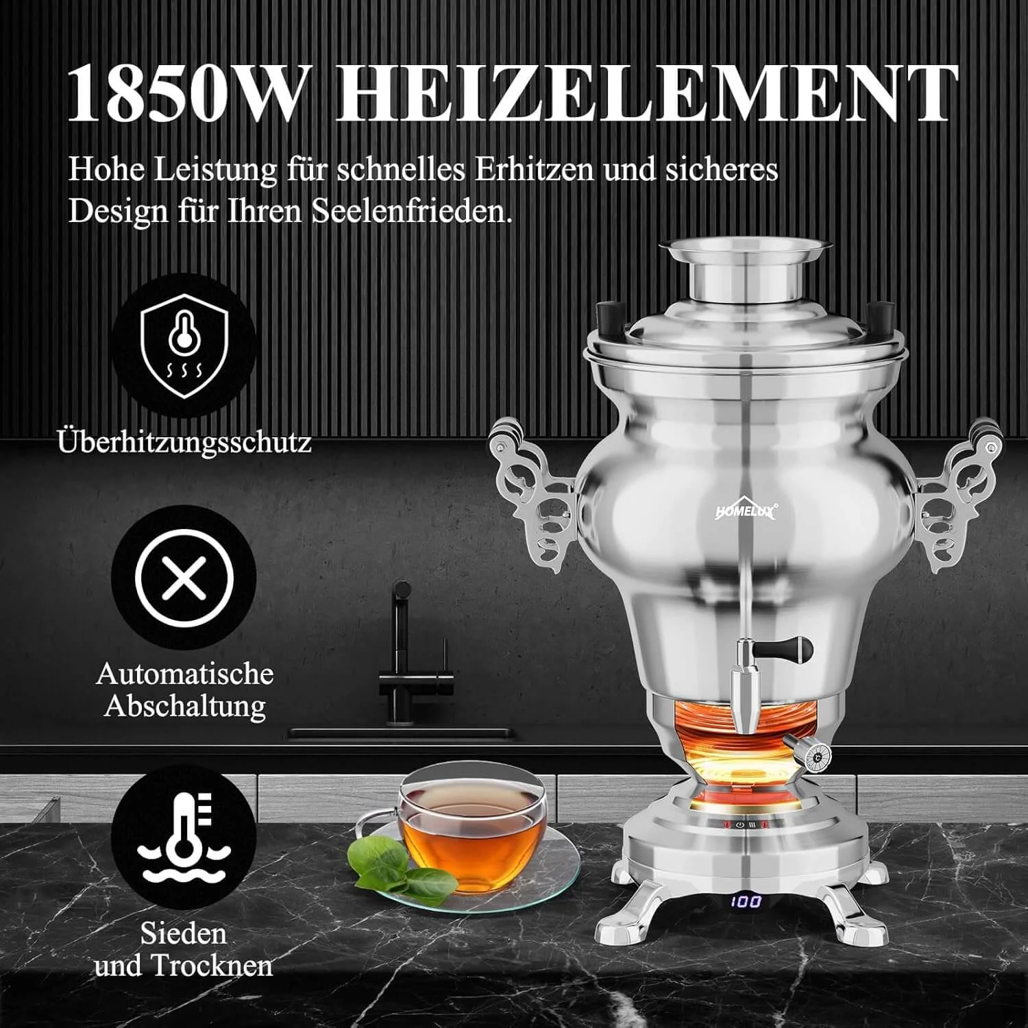 5L +1.6L / 2.5L +1.2L Elektrischer Samoware Edelstahl Teekocher mit 1850W, Warmhaltefunktion & Ablasshahn - Image 14