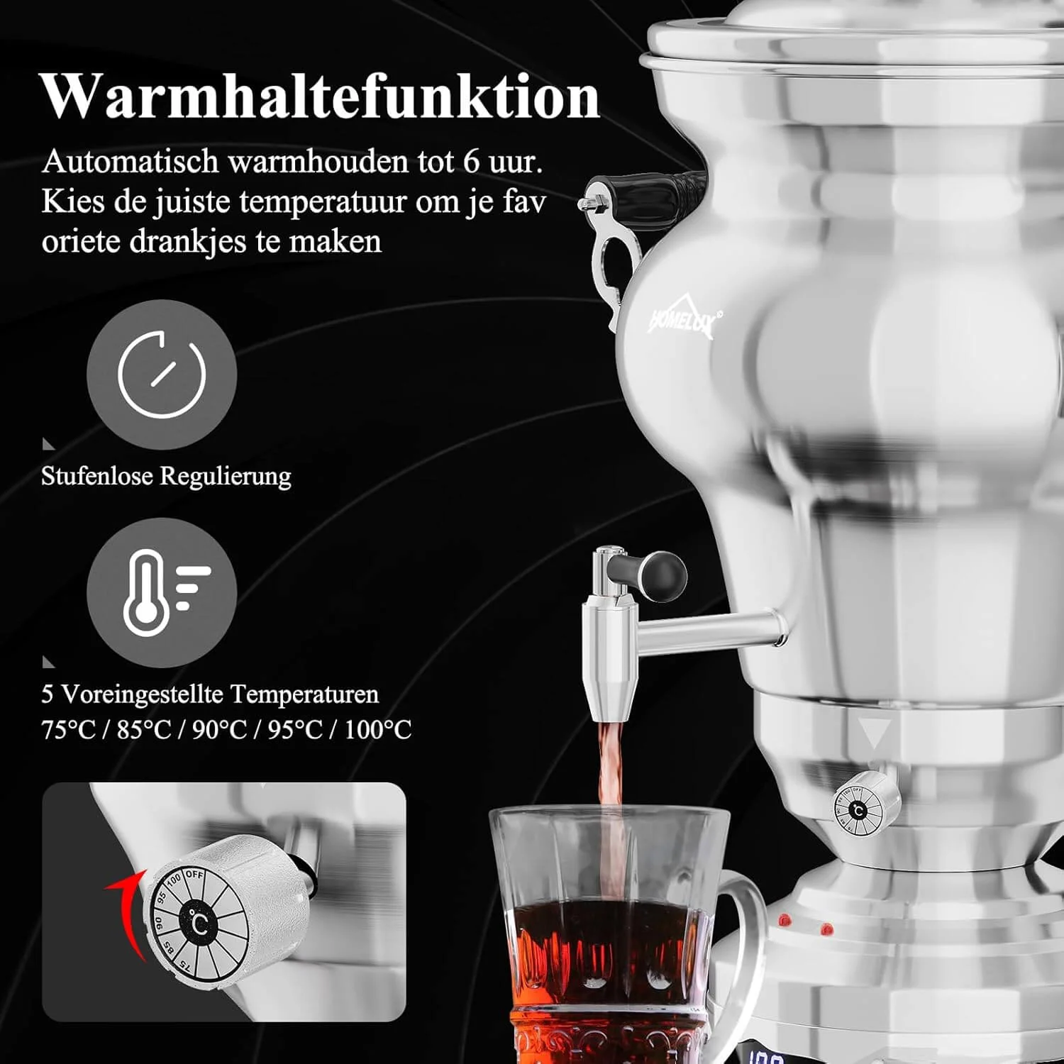 5L +1.6L / 2.5L +1.2L Elektrischer Samoware Edelstahl Teekocher mit 1850W, Warmhaltefunktion & Ablasshahn - Image 4