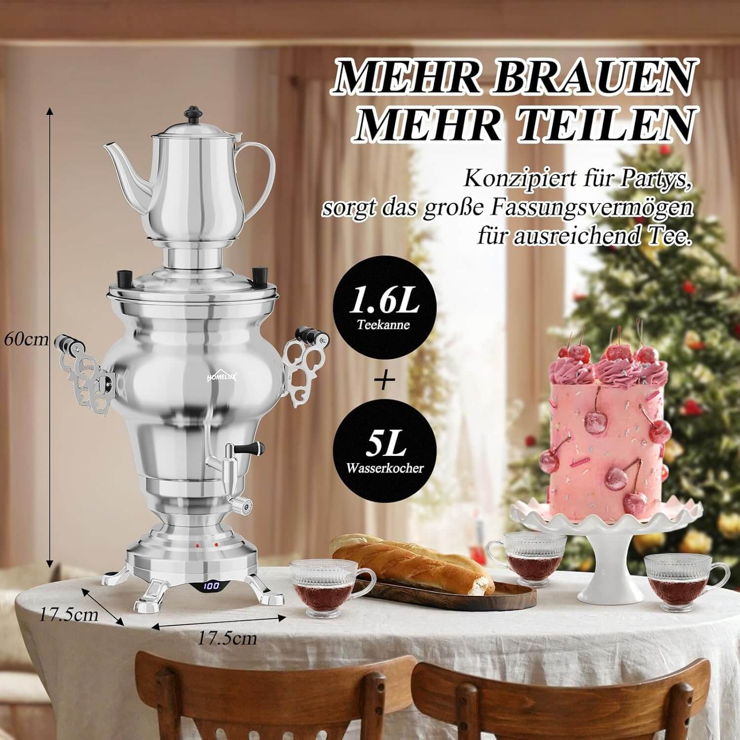 5L +1.6L / 2.5L +1.2L Elektrischer Samoware Edelstahl Teekocher mit 1850W, Warmhaltefunktion & Ablasshahn - Image 6
