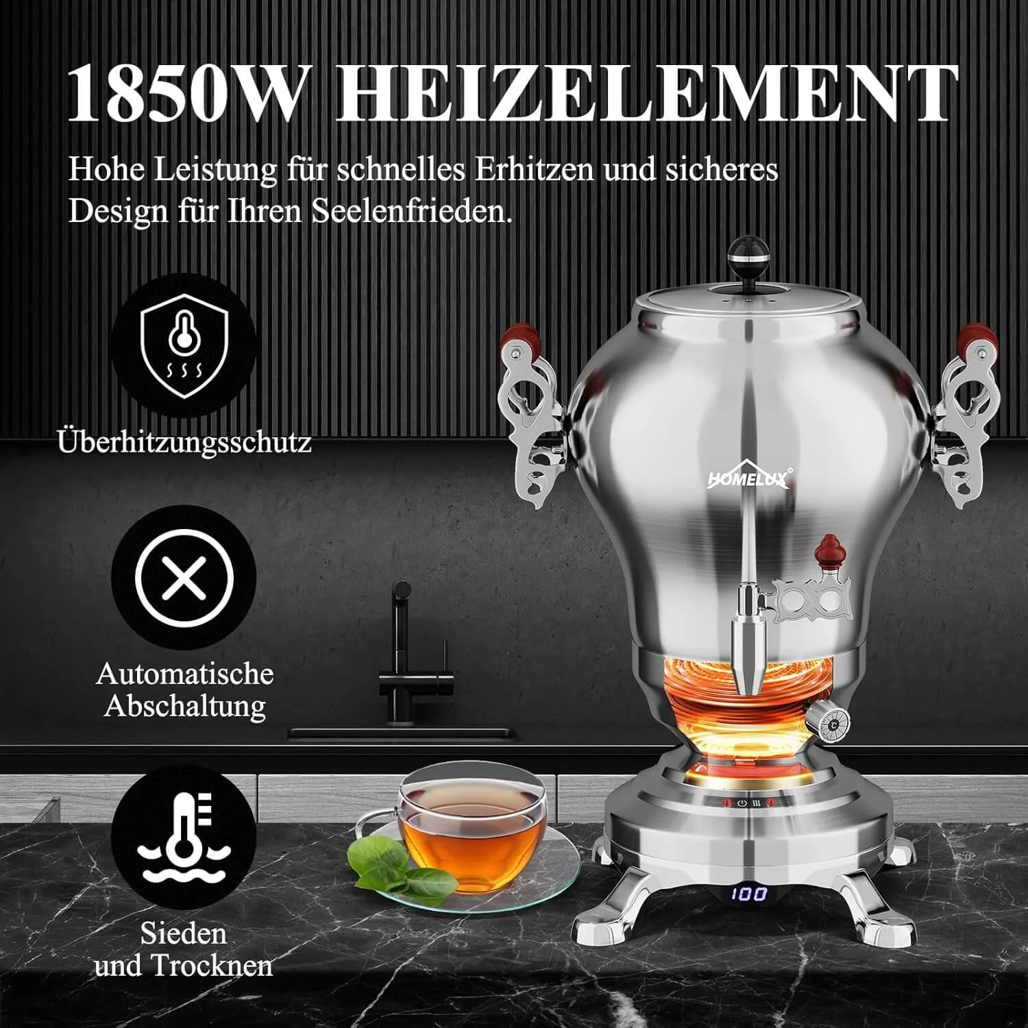 5L +1.6L / 2.5L +1.2L Elektrischer Samoware Edelstahl Teekocher mit 1850W, Warmhaltefunktion & Ablasshahn - Image 7
