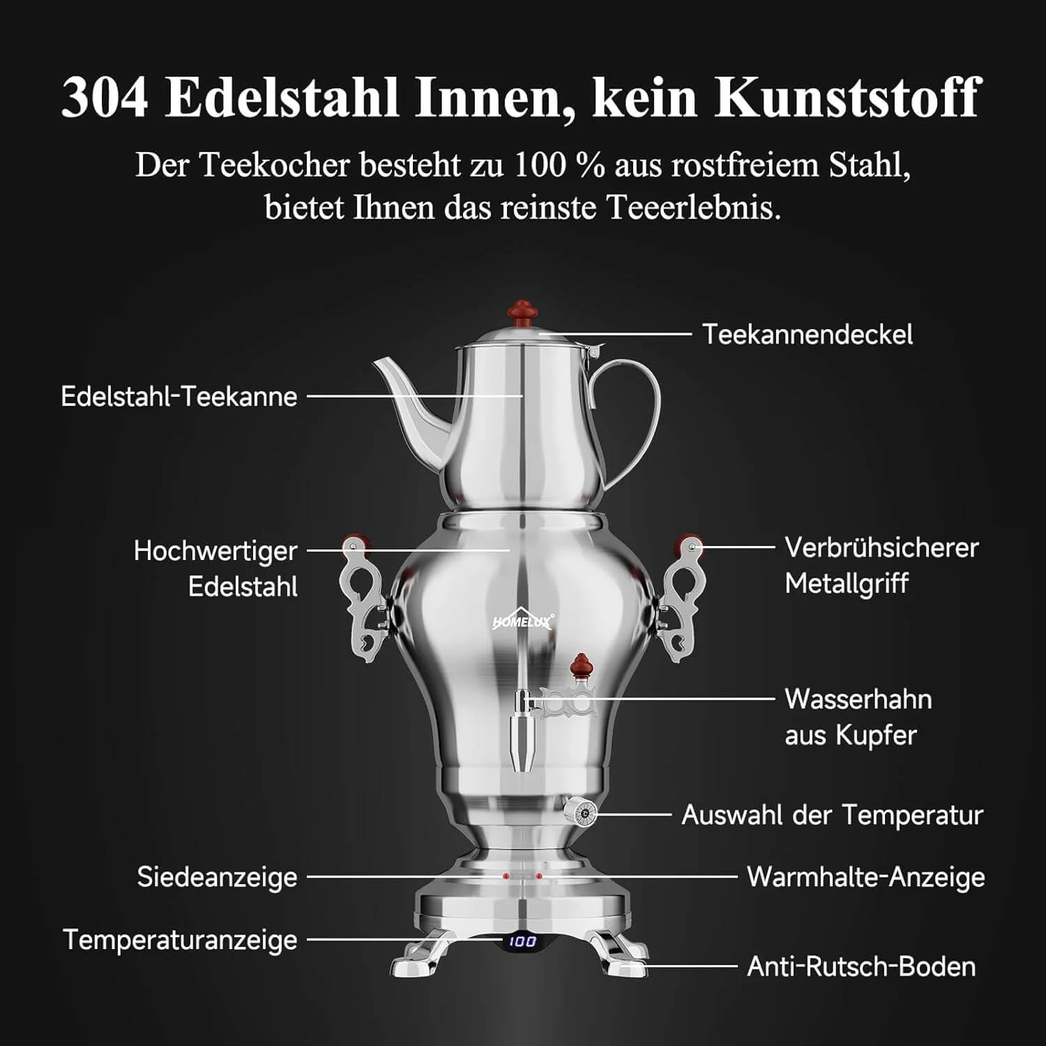 5L +1.6L / 2.5L +1.2L Elektrischer Samoware Edelstahl Teekocher mit 1850W, Warmhaltefunktion & Ablasshahn - Image 8