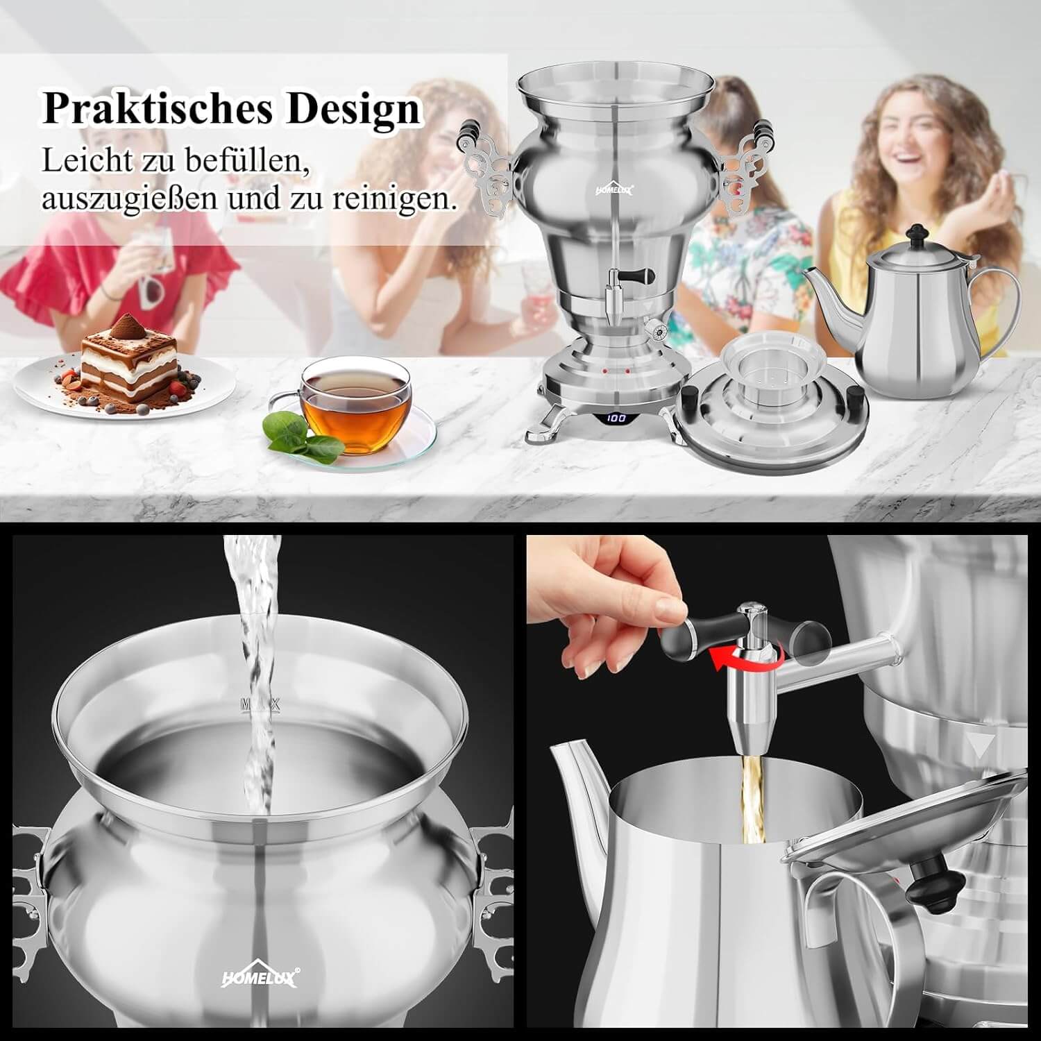 5L +1.6L / 2.5L +1.2L Elektrischer Samoware Edelstahl Teekocher mit 1850W, Warmhaltefunktion & Ablasshahn - Image 9