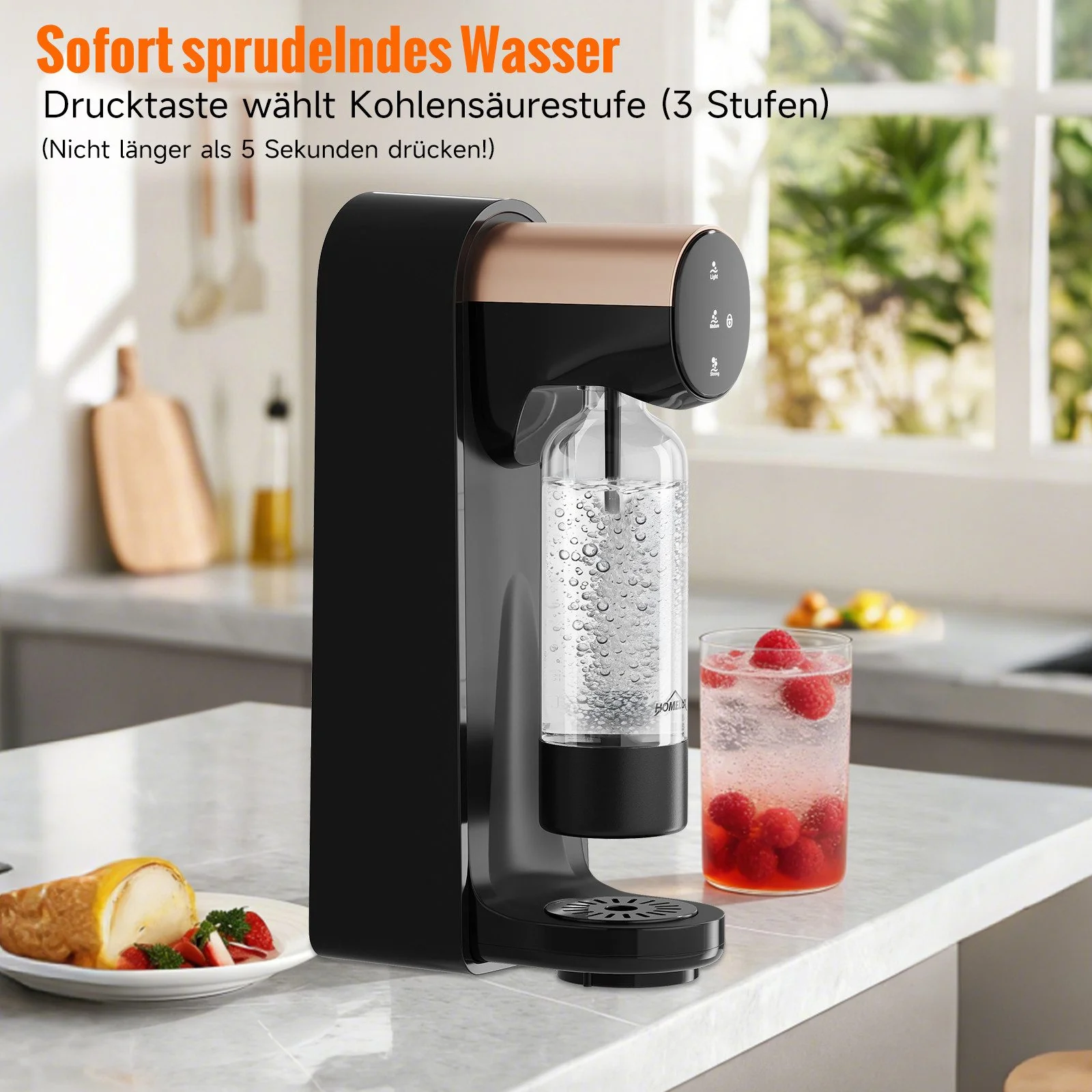 HOMELUX Elektrischer Wassersprudler, Touch-Bedienung, 3 Sprudelstärken, inkl. BPA-freier PET-Flasche, Schwarz - Image 10