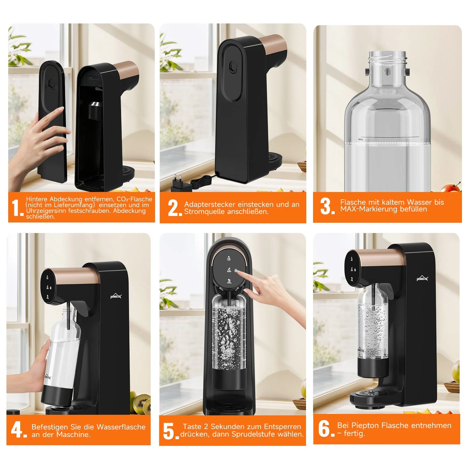HOMELUX Elektrischer Wassersprudler, Touch-Bedienung, 3 Sprudelstärken, inkl. BPA-freier PET-Flasche, Schwarz - Image 11