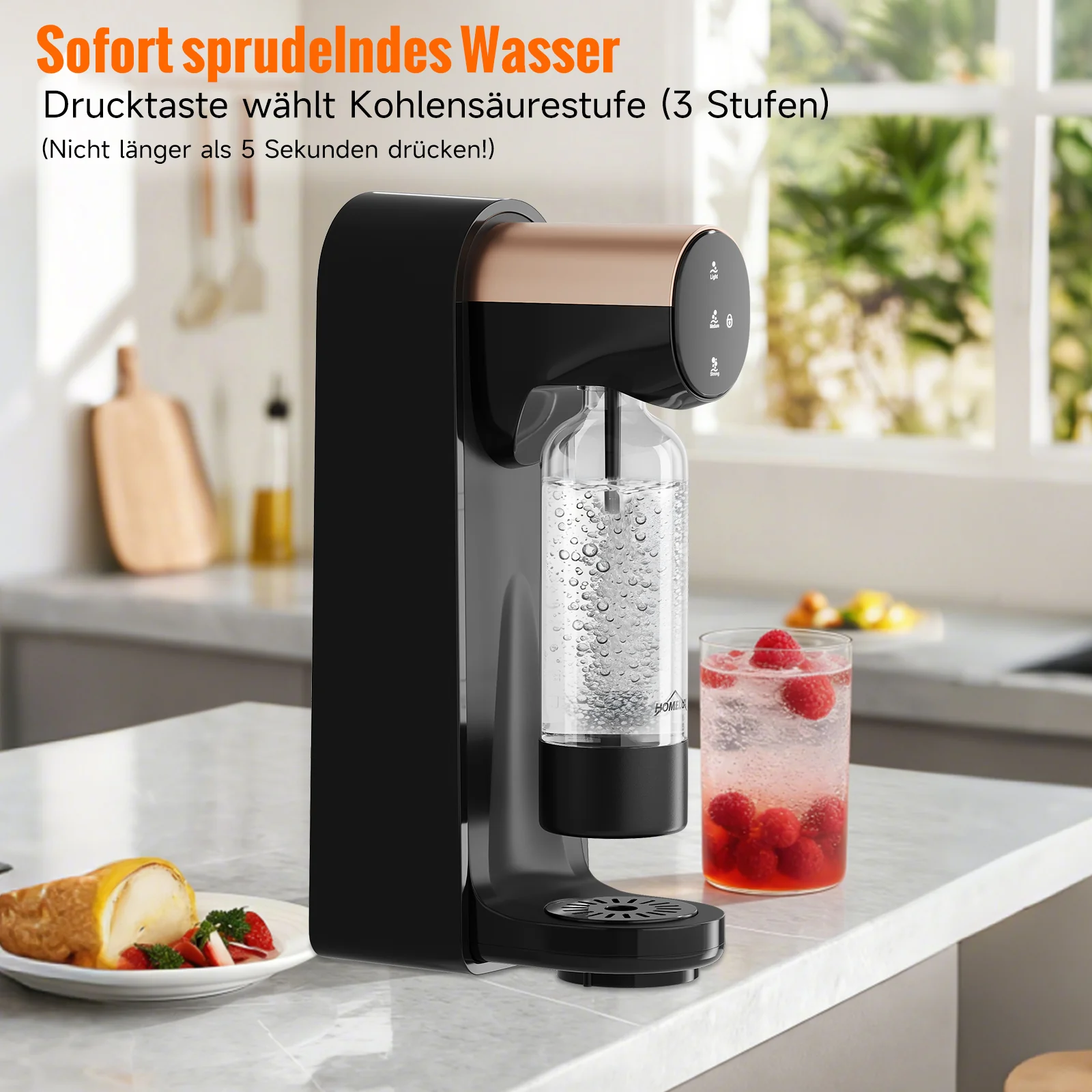 HOMELUX Elektrischer Wassersprudler, Touch-Bedienung, 3 Sprudelstärken, inkl. BPA-freier PET-Flasche, Schwarz - Image 3