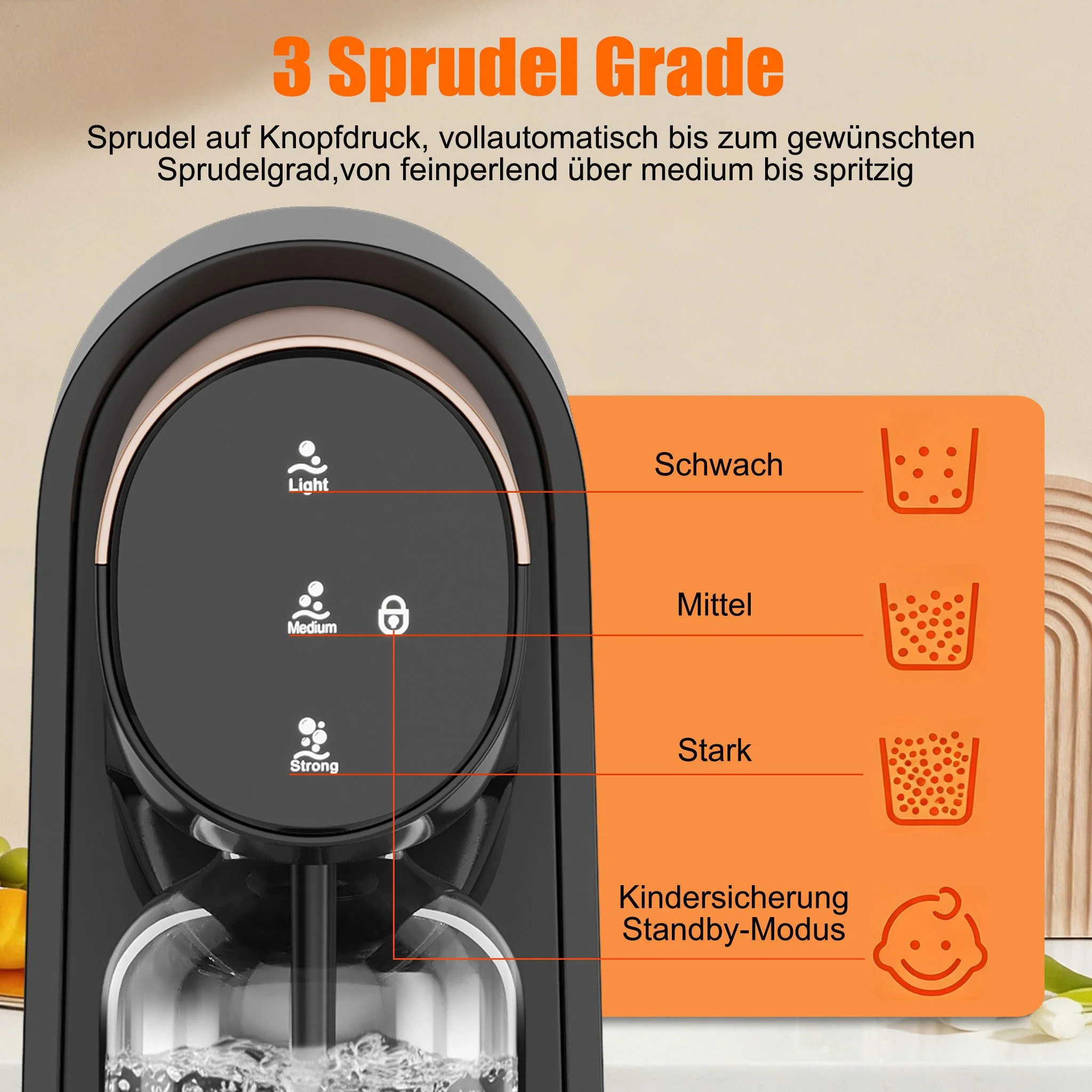 HOMELUX Elektrischer Wassersprudler, Touch-Bedienung, 3 Sprudelstärken, inkl. BPA-freier PET-Flasche, Schwarz - Image 5
