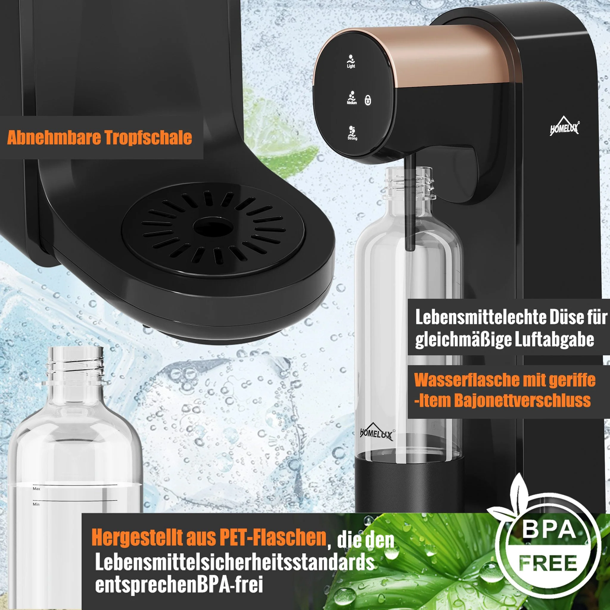 HOMELUX Elektrischer Wassersprudler, Touch-Bedienung, 3 Sprudelstärken, inkl. BPA-freier PET-Flasche, Schwarz - Image 6