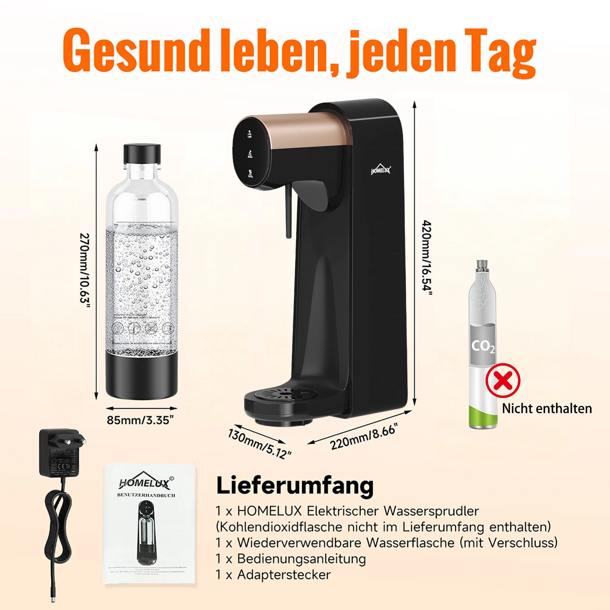 HOMELUX Elektrischer Wassersprudler, Touch-Bedienung, 3 Sprudelstärken, inkl. BPA-freier PET-Flasche, Schwarz - Image 7