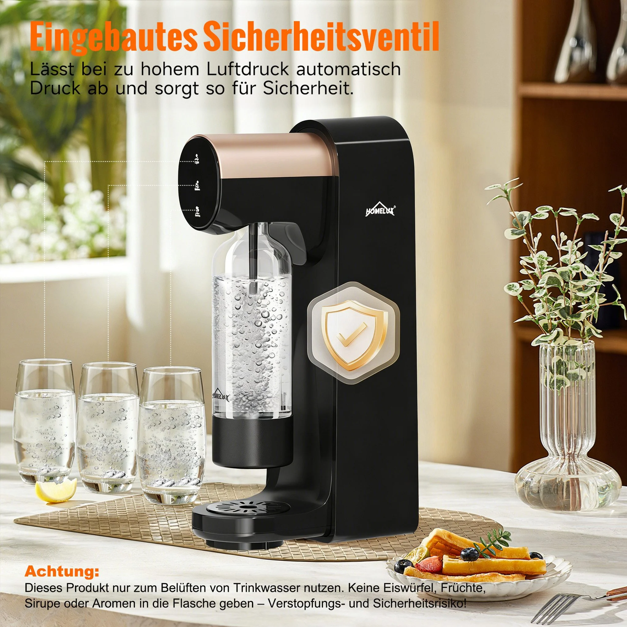 HOMELUX Elektrischer Wassersprudler, Touch-Bedienung, 3 Sprudelstärken, inkl. BPA-freier PET-Flasche, Schwarz - Image 9